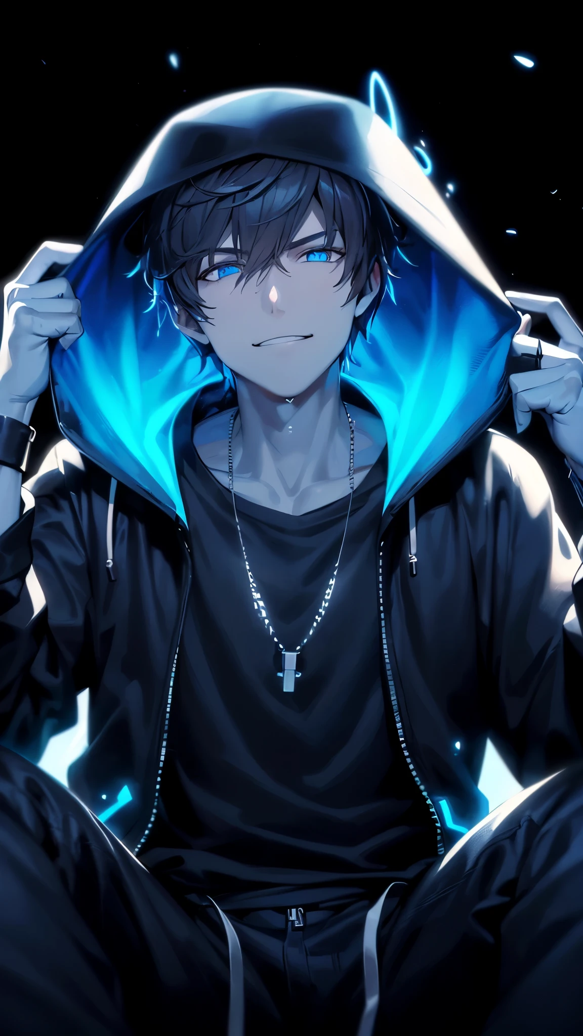 a handsome guy、serious expression、please close your mouth、He is wearing a black hoodie and has his hood up.、cool look、blue neon light、Highly Detailed CG Unity 8K Wallpaper, (super masterpiece, beautiful person, well detailed face polluted smile, It&#39;s photorealistic, hyper realistic)