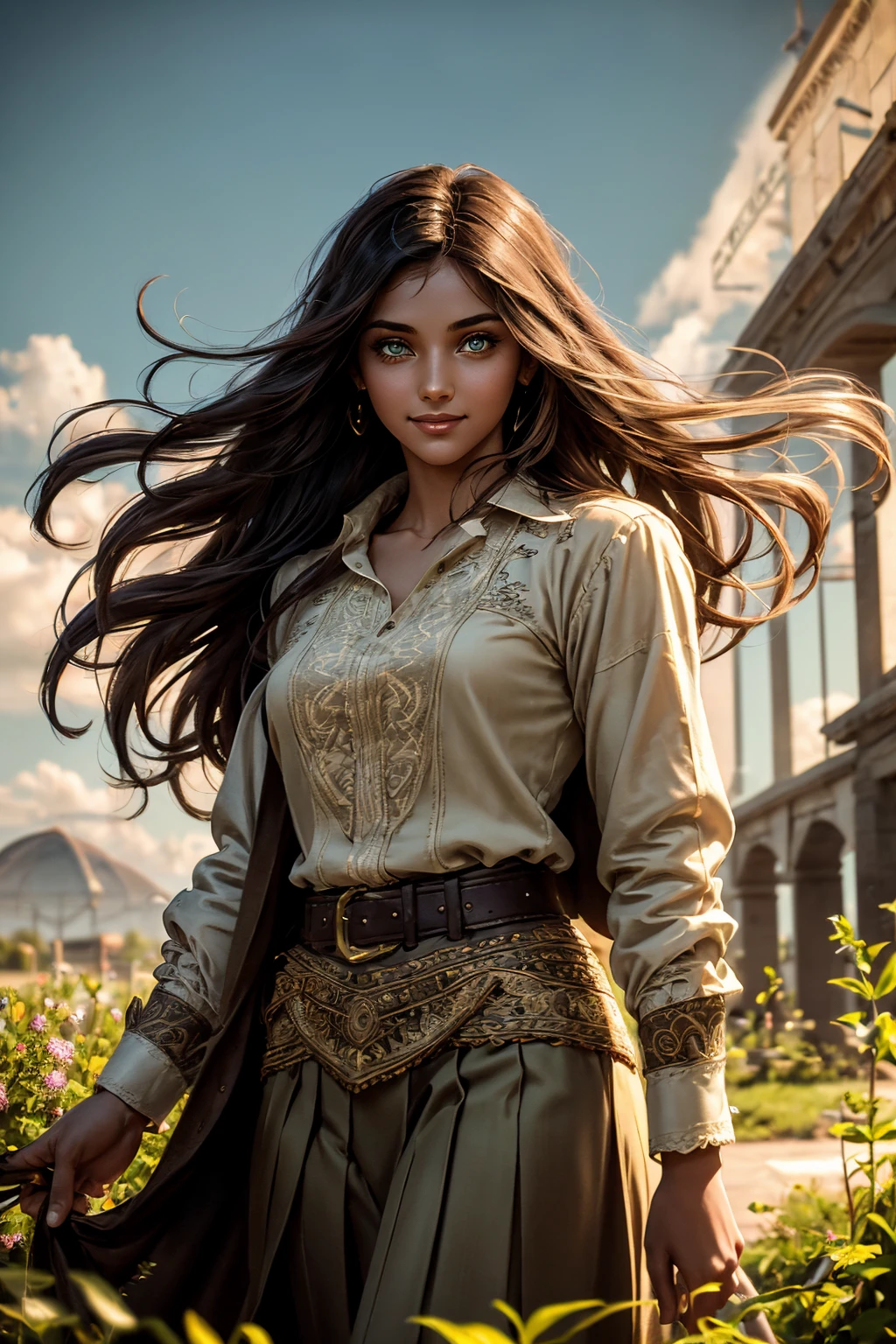 A stunning Indian beauty, with dark brown-black long wavy long hair, with mesmerizing feature with a Hopeful smiling expression, finely detailed eyes, happy mood masterpiece, top quality, best quality, official art, beautiful and aesthetic:1.2), (1girl), extreme detailed,(fractal art:1.3), colorful, highest detailed, (masterpiece, best quality:1.3) 1 bright-green-eyed woman, professional digital painting, Unreal Engine 5. In a 1920 setting, holding lavender flowers at a Lavender flower farm, wearing 1930 style clothing, South-Indian woman, olive-skinned woman, masterpiece, top quality, best quality, official art, beautiful and aesthetic:1.2), (1girl), extreme detailed,(fractal art:1.3), colorful, highest detailed, (masterpiece, best quality:1.3) 1 green-eyed woman, professional digital painting, Unreal Engine 5. Wearing embroidered linen blouse, Wearing long pleated skirt, Wearing Moleskin Field Jacket. Long hair, hopeful expression, finely detailed eyes, smiling, epic scene, epic composition, Cinematic Lighting, Volumetric Lighting, ethereal light, intricate details, extremely detailed volumetric rays. Green Eyes. [Beautiful girl, linen shirt and pants, oil painting, Detailed facial features, Sunlight, bright colors, dramatic lighting, expressive eyes and lips, High Resolution, 4K quality, Photorealistic] 1920 clothing, 1930 clothing, red, orange, yellow, blue, purple, pink,
