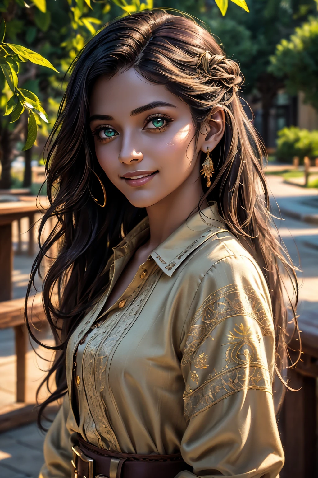 A stunning Indian beauty, with dark brown-black long wavy long hair, with mesmerizing feature with a Hopeful smiling expression, finely detailed eyes, happy mood masterpiece, top quality, best quality, official art, beautiful and aesthetic:1.2), (1girl), extreme detailed,(fractal art:1.3), colorful, highest detailed, (masterpiece, best quality:1.3) 1 bright-green-eyed woman, professional digital painting, Unreal Engine 5. In a 1920 setting, holding lavender flowers at a Lavender flower farm, wearing 1930 style clothing, South-Indian woman, olive-skinned woman, masterpiece, top quality, best quality, official art, beautiful and aesthetic:1.2), (1girl), extreme detailed,(fractal art:1.3), colorful, highest detailed, (masterpiece, best quality:1.3) 1 green-eyed woman, professional digital painting, Unreal Engine 5. Wearing embroidered linen blouse, Wearing long pleated skirt, Wearing Moleskin Field Jacket. Long hair, hopeful expression, finely detailed eyes, smiling, epic scene, epic composition, Cinematic Lighting, Volumetric Lighting, ethereal light, intricate details, extremely detailed volumetric rays. Green Eyes. [Beautiful girl, linen shirt and pants, oil painting, Detailed facial features, Sunlight, bright colors, dramatic lighting, expressive eyes and lips, High Resolution, 4K quality, Photorealistic] 1920 clothing, 1930 clothing, red, orange, yellow, blue, purple, pink,
