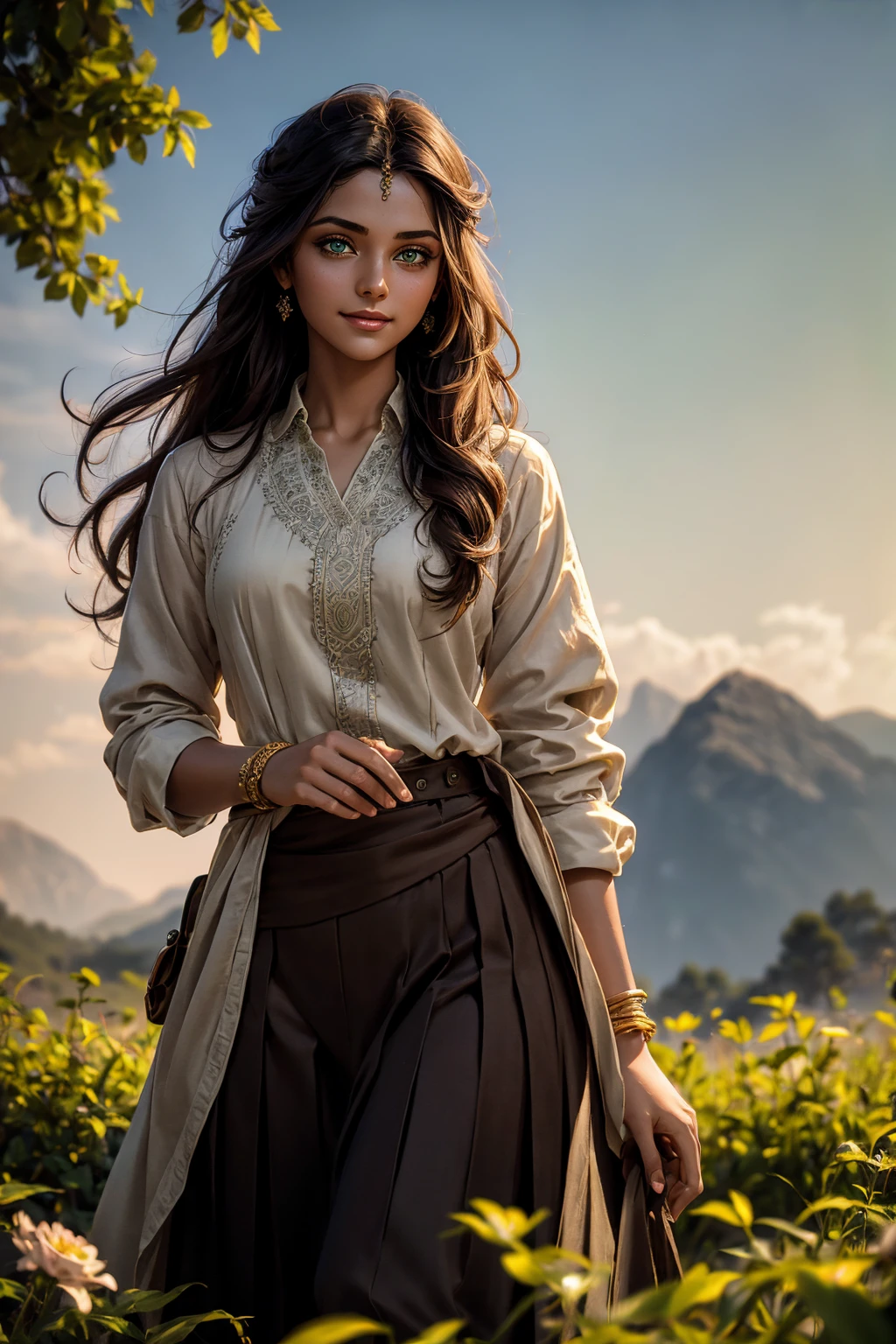 A stunning Indian beauty, with dark brown-black long wavy long hair, with mesmerizing feature with a Hopeful smiling expression, finely detailed eyes, happy mood masterpiece, top quality, best quality, official art, beautiful and aesthetic:1.2), (1girl), extreme detailed,(fractal art:1.3), colorful, highest detailed, (masterpiece, best quality:1.3) 1 bright-green-eyed woman, professional digital painting, Unreal Engine 5. In a 1920 setting, holding lavender flowers at a Lavender flower farm, wearing 1930 style clothing, South-Indian woman, olive-skinned woman, masterpiece, top quality, best quality, official art, beautiful and aesthetic:1.2), (1girl), extreme detailed,(fractal art:1.3), colorful, highest detailed, (masterpiece, best quality:1.3) 1 green-eyed woman, professional digital painting, Unreal Engine 5. Wearing embroidered linen blouse, Wearing long pleated skirt, Wearing Moleskin Field Jacket. Long hair, hopeful expression, finely detailed eyes, smiling, epic scene, epic composition, Cinematic Lighting, Volumetric Lighting, ethereal light, intricate details, extremely detailed volumetric rays. Green Eyes. [Beautiful girl, linen shirt and pants, oil painting, Detailed facial features, Sunlight, bright colors, dramatic lighting, expressive eyes and lips, High Resolution, 4K quality, Photorealistic] 1920 clothing, 1930 clothing, red, orange, yellow, blue, purple, pink,
