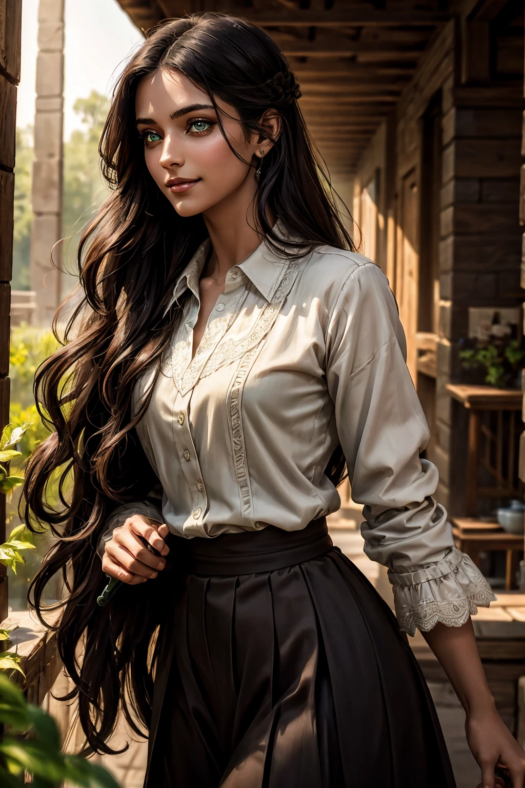 A stunning Indian beauty, with dark brown-black long wavy long hair, with mesmerizing feature with a Hopeful smiling expression, finely detailed eyes, happy mood masterpiece, top quality, best quality, official art, beautiful and aesthetic:1.2), (1girl), extreme detailed,(fractal art:1.3), colorful, highest detailed, (masterpiece, best quality:1.3) 1 bright-green-eyed woman, professional digital painting, Unreal Engine 5. In a 1920 setting, holding lavender flowers at a Lavender flower farm, wearing 1930 style clothing, South-Indian woman, olive-skinned woman, masterpiece, top quality, best quality, official art, beautiful and aesthetic:1.2), (1girl), extreme detailed,(fractal art:1.3), colorful, highest detailed, (masterpiece, best quality:1.3) 1 green-eyed woman, professional digital painting, Unreal Engine 5. Wearing embroidered linen blouse, Wearing long pleated skirt, Wearing Moleskin Field Jacket. Long hair, hopeful expression, finely detailed eyes, smiling, epic scene, epic composition, Cinematic Lighting, Volumetric Lighting, ethereal light, intricate details, extremely detailed volumetric rays. Green Eyes. [Beautiful girl, linen shirt and pants, oil painting, Detailed facial features, Sunlight, bright colors, dramatic lighting, expressive eyes and lips, High Resolution, 4K quality, Photorealistic] 1920 clothing, 1930 clothing, red, orange, yellow, blue, purple, pink,
