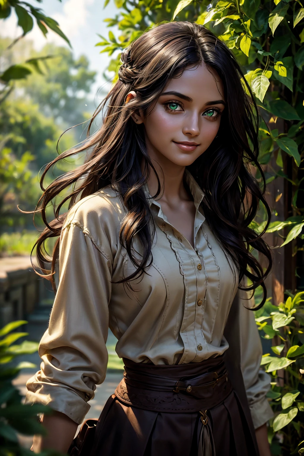A stunning Indian beauty, with dark brown-black long wavy long hair, with mesmerizing feature with a Hopeful smiling expression, finely detailed eyes, happy mood masterpiece, top quality, best quality, official art, beautiful and aesthetic:1.2), (1girl), extreme detailed,(fractal art:1.3), colorful, highest detailed, (masterpiece, best quality:1.3) 1 bright-green-eyed woman, professional digital painting, Unreal Engine 5. In a 1920 setting, holding lavender flowers at a Lavender flower farm, wearing 1930 style clothing, South-Indian woman, olive-skinned woman, masterpiece, top quality, best quality, official art, beautiful and aesthetic:1.2), (1girl), extreme detailed,(fractal art:1.3), colorful, highest detailed, (masterpiece, best quality:1.3) 1 green-eyed woman, professional digital painting, Unreal Engine 5. Wearing embroidered linen blouse, Wearing long pleated skirt, Wearing Moleskin Field Jacket. Long hair, hopeful expression, finely detailed eyes, smiling, epic scene, epic composition, Cinematic Lighting, Volumetric Lighting, ethereal light, intricate details, extremely detailed volumetric rays. Green Eyes. [Beautiful girl, linen shirt and pants, oil painting, Detailed facial features, Sunlight, bright colors, dramatic lighting, expressive eyes and lips, High Resolution, 4K quality, Photorealistic] 1920 clothing, 1930 clothing, red, orange, yellow, blue, purple, pink,
