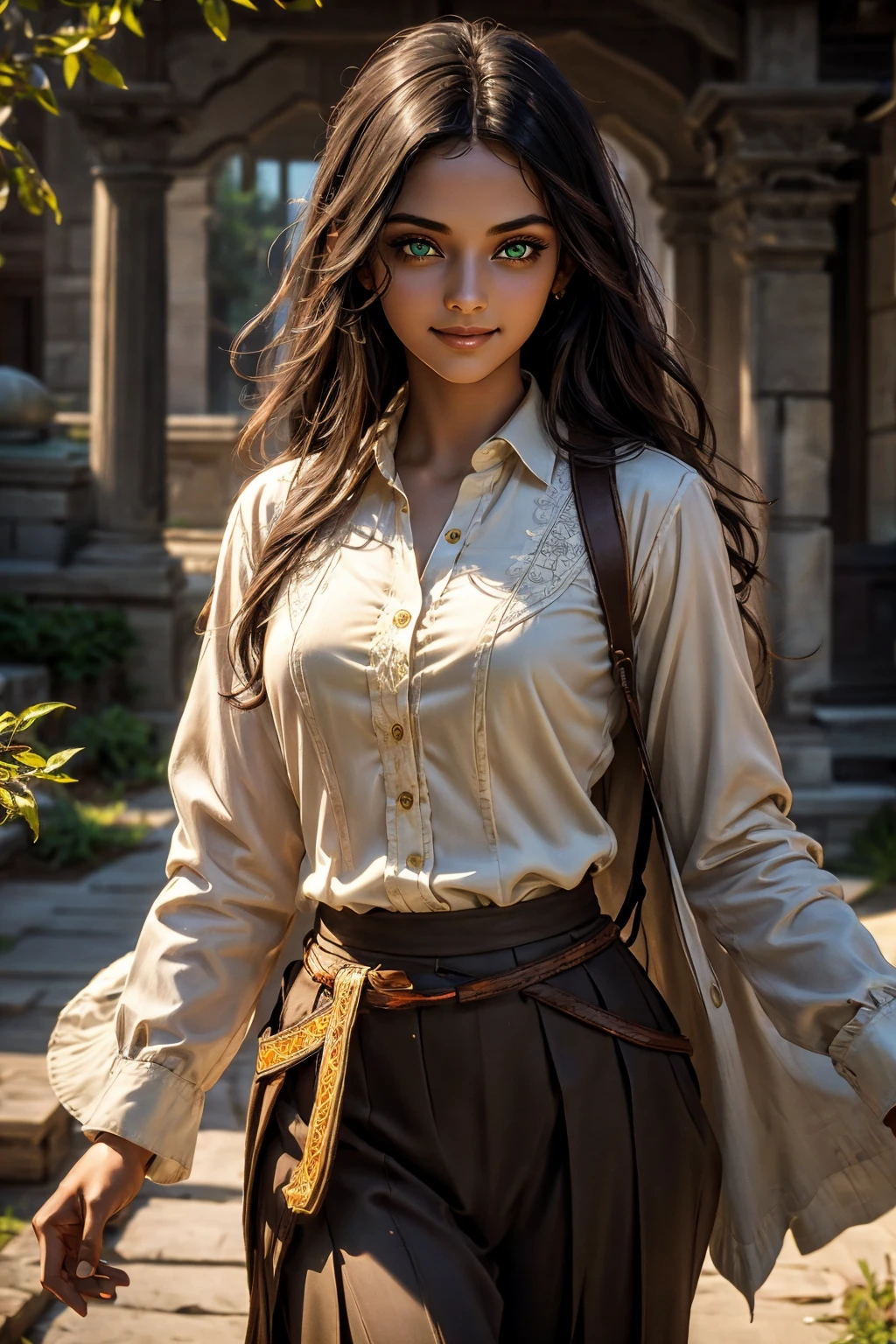 A stunning Indian beauty, with dark brown-black long wavy long hair, with mesmerizing feature with a Hopeful smiling expression, finely detailed eyes, happy mood masterpiece, top quality, best quality, official art, beautiful and aesthetic:1.2), (1girl), extreme detailed,(fractal art:1.3), colorful, highest detailed, (masterpiece, best quality:1.3) 1 bright-green-eyed woman, professional digital painting, Unreal Engine 5. In a 1920 setting, holding lavender flowers at a Lavender flower farm, wearing 1930 style clothing, South-Indian woman, olive-skinned woman, masterpiece, top quality, best quality, official art, beautiful and aesthetic:1.2), (1girl), extreme detailed,(fractal art:1.3), colorful, highest detailed, (masterpiece, best quality:1.3) 1 green-eyed woman, professional digital painting, Unreal Engine 5. Wearing embroidered linen blouse, Wearing long pleated skirt, Wearing Moleskin Field Jacket. Long hair, hopeful expression, finely detailed eyes, smiling, epic scene, epic composition, Cinematic Lighting, Volumetric Lighting, ethereal light, intricate details, extremely detailed volumetric rays. Green Eyes. [Beautiful girl, linen shirt and pants, oil painting, Detailed facial features, Sunlight, bright colors, dramatic lighting, expressive eyes and lips, High Resolution, 4K quality, Photorealistic] 1920 clothing, 1930 clothing, red, orange, yellow, blue, purple, pink,

