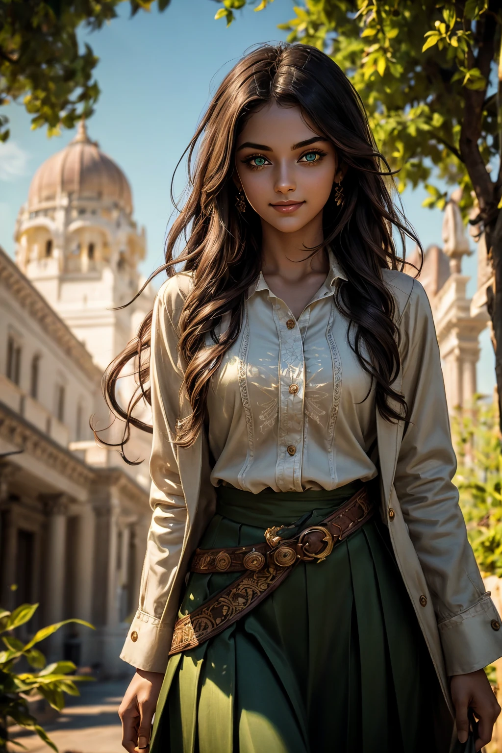 A stunning Indian beauty, with dark brown-black long wavy long hair, with mesmerizing feature with a Hopeful smiling expression, finely detailed eyes, happy mood masterpiece, top quality, best quality, official art, beautiful and aesthetic:1.2), (1girl), extreme detailed,(fractal art:1.3), colorful, highest detailed, (masterpiece, best quality:1.3) 1 bright-green-eyed woman, professional digital painting, Unreal Engine 5. In a 1920 setting, holding lavender flowers at a Lavender flower farm, wearing 1930 style clothing, South-Indian woman, olive-skinned woman, masterpiece, top quality, best quality, official art, beautiful and aesthetic:1.2), (1girl), extreme detailed,(fractal art:1.3), colorful, highest detailed, (masterpiece, best quality:1.3) 1 green-eyed woman, professional digital painting, Unreal Engine 5. Wearing embroidered linen blouse, Wearing long pleated skirt, Wearing Moleskin Field Jacket. Long hair, hopeful expression, finely detailed eyes, smiling, epic scene, epic composition, Cinematic Lighting, Volumetric Lighting, ethereal light, intricate details, extremely detailed volumetric rays. Green Eyes. [Beautiful girl, linen shirt and pants, oil painting, Detailed facial features, Sunlight, bright colors, dramatic lighting, expressive eyes and lips, High Resolution, 4K quality, Photorealistic] 1920 clothing, 1930 clothing, red, orange, yellow, blue, purple, pink,
