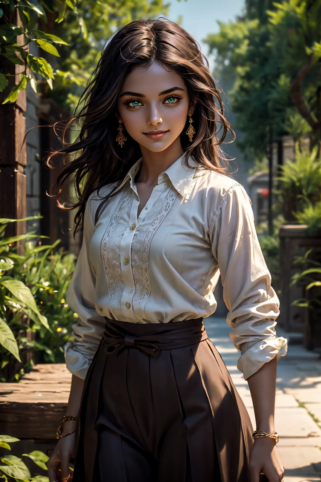 A stunning Indian beauty, with dark brown-black long wavy long hair, with mesmerizing feature with a Hopeful smiling expression, finely detailed eyes, happy mood masterpiece, top quality, best quality, official art, beautiful and aesthetic:1.2), (1girl), extreme detailed,(fractal art:1.3), colorful, highest detailed, (masterpiece, best quality:1.3) 1 bright-green-eyed woman, professional digital painting, Unreal Engine 5. In a 1920 setting, holding lavender flowers at a Lavender flower farm, wearing 1930 style clothing, South-Indian woman, olive-skinned woman, masterpiece, top quality, best quality, official art, beautiful and aesthetic:1.2), (1girl), extreme detailed,(fractal art:1.3), colorful, highest detailed, (masterpiece, best quality:1.3) 1 green-eyed woman, professional digital painting, Unreal Engine 5. Wearing embroidered linen blouse, Wearing long pleated skirt, Wearing Moleskin Field Jacket. Long hair, hopeful expression, finely detailed eyes, smiling, epic scene, epic composition, Cinematic Lighting, Volumetric Lighting, ethereal light, intricate details, extremely detailed volumetric rays. Green Eyes. [Beautiful girl, linen shirt and pants, oil painting, Detailed facial features, Sunlight, bright colors, dramatic lighting, expressive eyes and lips, High Resolution, 4K quality, Photorealistic] 1920 clothing, 1930 clothing, red, orange, yellow, blue, purple, pink,
