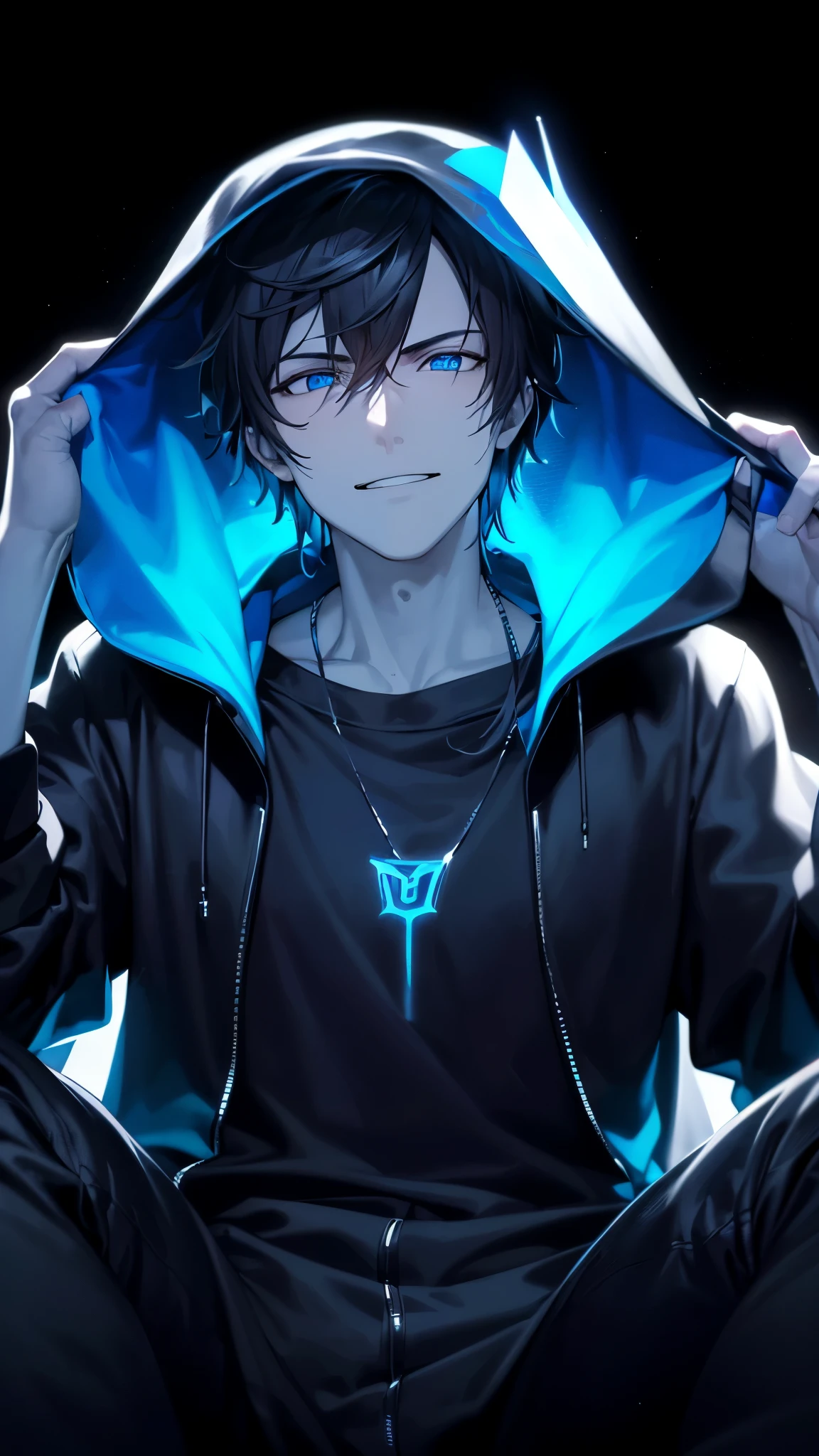 a handsome guy、serious expression、please close your mouth、He is wearing a black hoodie and has his hood up.、cool look、blue neon light、Highly Detailed CG Unity 8K Wallpaper, (super masterpiece, beautiful person, well detailed face polluted smile, It's photorealistic, hyper realistic)