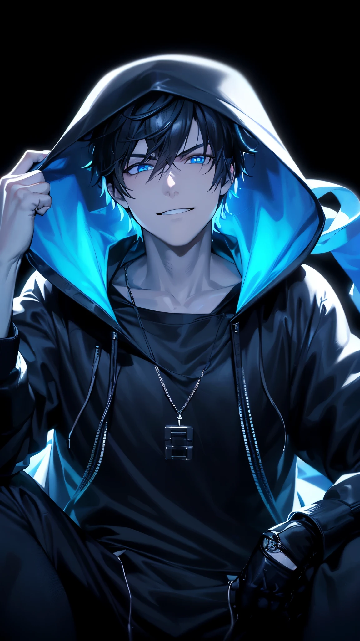 a handsome guy、serious expression、please close your mouth、He is wearing a black hoodie and has his hood up.、cool look、blue neon light、Highly Detailed CG Unity 8K Wallpaper, (super masterpiece, beautiful person, well detailed face polluted smile, It's photorealistic, hyper realistic)