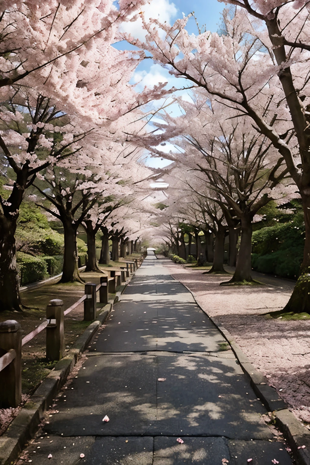 Generate a photo of a large forest of pink cherry blossoms. On the left side of the forest are cherry blossoms. In the middle is a tree-lined path that extends to the end. The path is covered with fallen pink cherry blossoms. On the right side of the path is the coast.