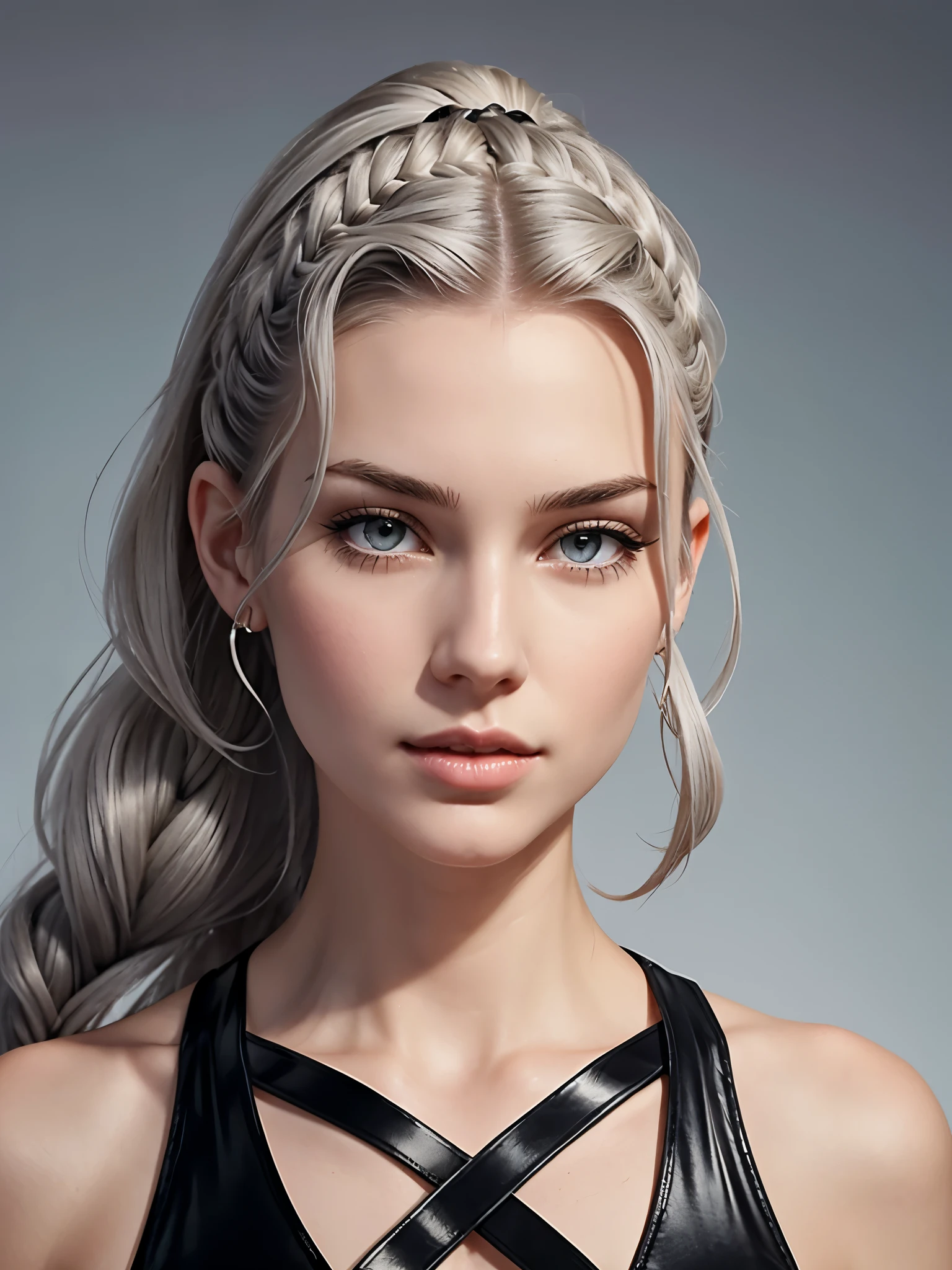 Cassandra is a tall young woman with pale skin, gray eyes and white wavy hair with gray streaks, braided into a high ponytail with many small braids. Two strands of hair and asymmetrical bangs go down the sides of the face