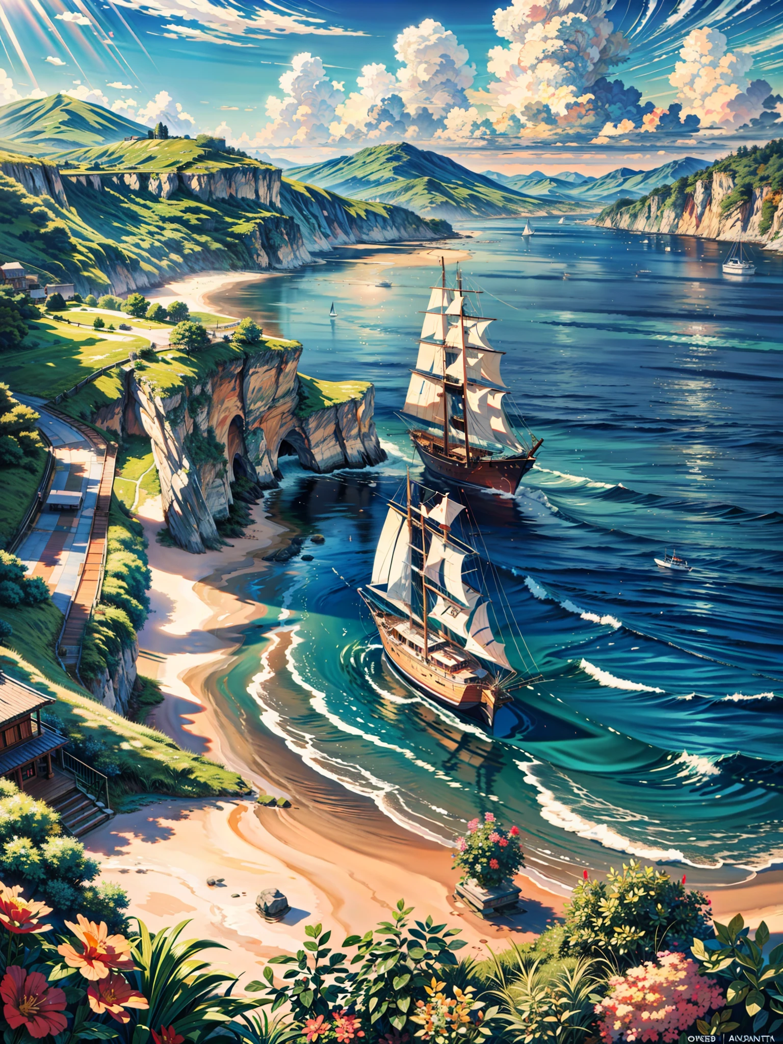 painting of a yacht boat on ocean, beautiful scenery, wave, mid day sky,((glistening look)),ghibi style, hd, High quality, water reflection, bushes,4k hd, cloud,beautiful art uhd 4 k, a beautiful artwork illustration, beautiful digital painting, highly detailed digital painting, beautiful digital artwork, detailed painting 4 k, very detailed digital painting, rich picturesque colors, gorgeous digital painting