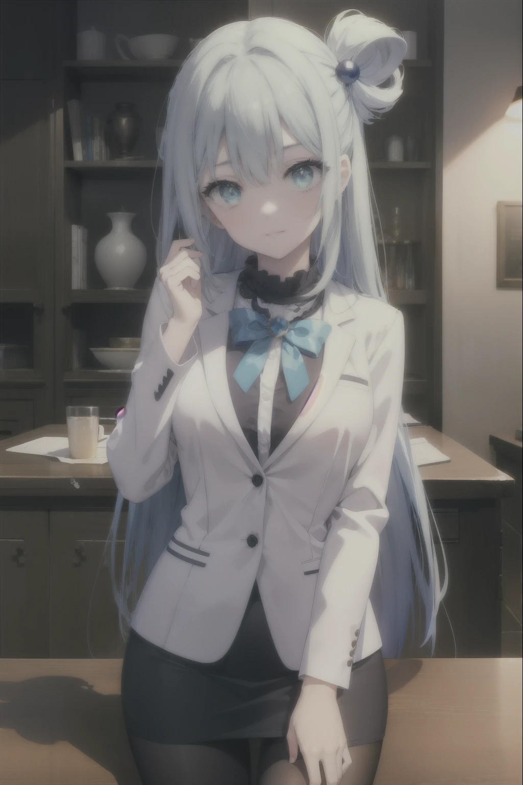 konosubaaqua, aqua, long hair, blue eyes, hair ornaments, very long hair, blue hair, hair ring, シングルhair ring, hair bobble,smile,happy atmosphere,black suit jacket, collared jacket, white dress shirt, collared shirt, neckline, button, strap, ID card on neck, black pencil skirt, black pantyhose, looking at the viewer, medium chest,There&#39;s a lot of food on the table,sitting cross-legged on a chair,
break indoor, canteen,
break looking at viewer, (cowboy shot:1.5),
break (masterpiece:1.2), highest quality, High resolution, unity 8k wallpaper, (figure:0.8), (detailed and beautiful eyes:1.6), highly detailed face, perfect lighting, Very detailed CG, (perfect hands, perfect anatomy),