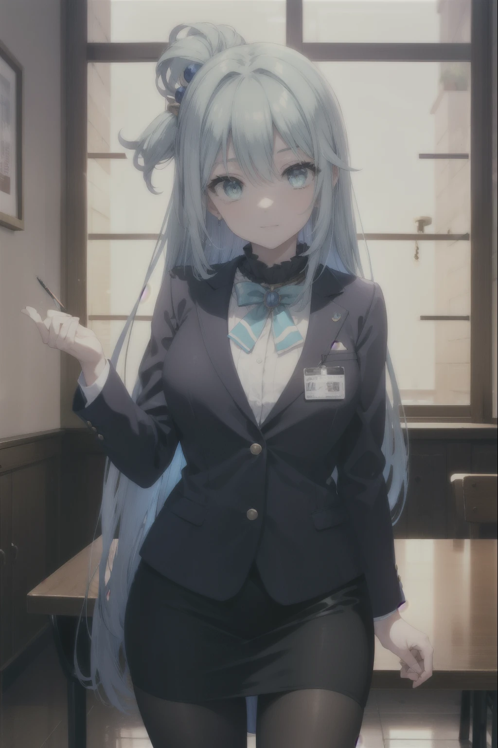 konosubaaqua, aqua, long hair, blue eyes, hair ornaments, very long hair, blue hair, hair ring, シングルhair ring, hair bobble,smile,happy atmosphere,black suit jacket, collared jacket, white dress shirt, collared shirt, neckline, button, strap, ID card on neck, black pencil skirt, black pantyhose, looking at the viewer, medium chest,There's a lot of food on the table,sitting cross-legged on a chair,
break indoor, canteen,
break looking at viewer, (cowboy shot:1.5),
break (masterpiece:1.2), highest quality, High resolution, unity 8k wallpaper, (figure:0.8), (detailed and beautiful eyes:1.6), highly detailed face, perfect lighting, Very detailed CG, (perfect hands, perfect anatomy),
