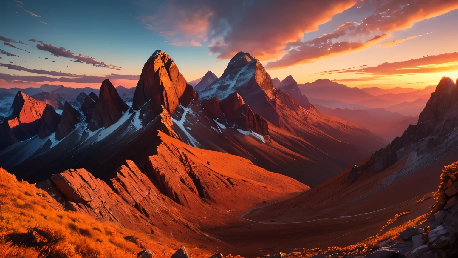 A mesmerizing sunset cascading over the rugged peaks, its fiery hues painting the sky in a vivid display of nature's splendor. The sun's last rays kiss the rocky summits, casting long shadows and turning the clouds to molten gold. This breathtaking scene, captured in a stunning photograph, captures the magic of the moment in exquisite detail. The rich colors and dramatic composition make this image a true masterpiece of landscape photography.