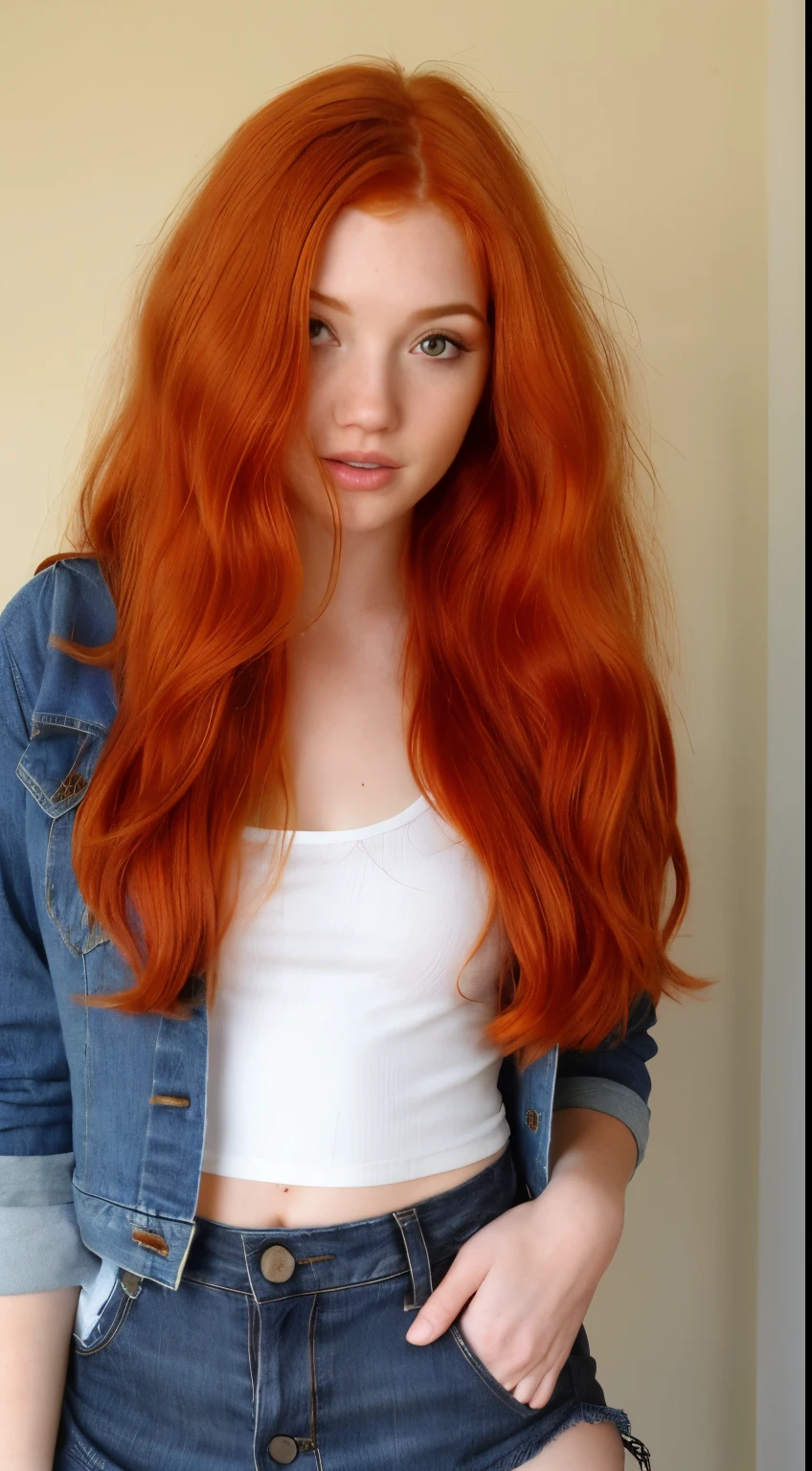 (Ella Hughes:Faye Reagan:Dani Jensen:1.0) a close up of a woman with short skirt with long red hair wearing a denim jacket, she has long redorange hair, she has long orange brown hair, flowing ginger hair, red hair and attractive features, long glowing red hair, curly copper colored hair, ginger wavy hair, long blonde or red hair, long orange hair, ginger hair, with long red hair, long loose red hair, skirt short, mini skirt
