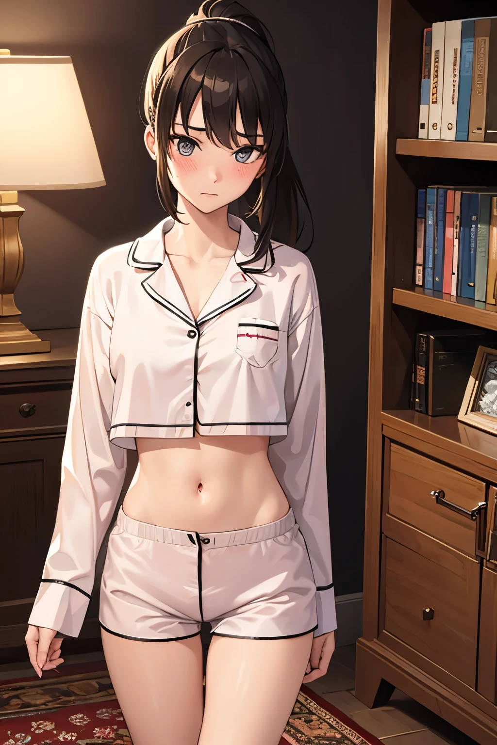 ((best quality)), ((masterpiece)), (detailed), (((perfect face))), ((slender girl)), (((wearing pyjamas))), ((brunette)), ((ponytail)), (((shy:1.3))), ((blushing:1.2)), ((skinny thighs)), ((skinny hips)), ((standing)), (((carpet))), (((wardrobe))), ((bookcase)), ((home desk)), (((bare midriff))), (((bare thighs))) (((girl looking away))), ((lamp))