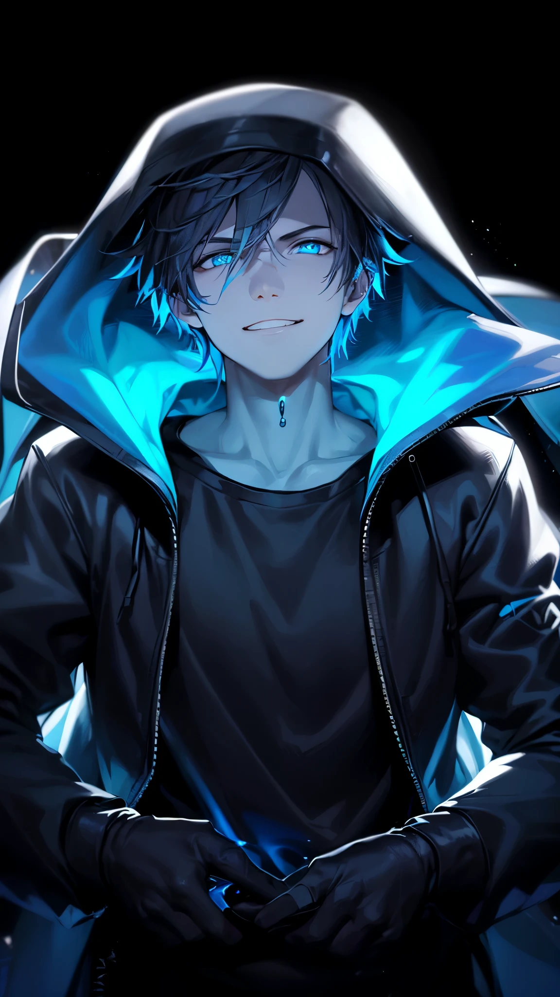 a handsome guy、serious expression、please close your mouth、He is wearing a black hoodie and has his hood up.、cool look、blue neon light、Highly Detailed CG Unity 8K Wallpaper, (super masterpiece, beautiful person, well detailed face polluted smile, It&#39;s photorealistic, hyper realistic)