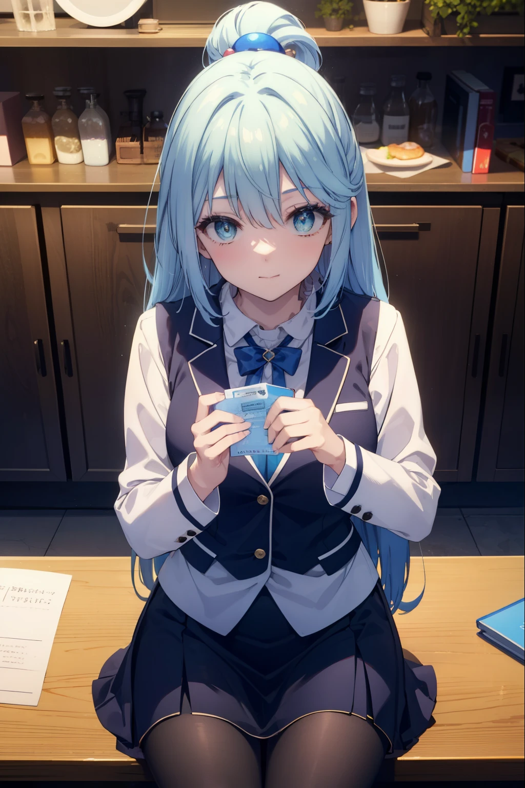 konosubaaqua, aqua, long hair, blue eyes, hair ornaments, very long hair, blue hair, hair ring, シングルhair ring, hair bobble,smile,happy atmosphere,black suit jacket, collared jacket, white dress shirt, collared shirt, neckline, button, strap, ID card on neck, black pencil skirt, black pantyhose, looking at the viewer, medium chest,There's a lot of food on the table,sitting cross-legged on a chair,
break indoor, canteen,
break looking at viewer, (cowboy shot:1.5),
break (masterpiece:1.2), highest quality, High resolution, unity 8k wallpaper, (figure:0.8), (detailed and beautiful eyes:1.6), highly detailed face, perfect lighting, Very detailed CG, (perfect hands, perfect anatomy),