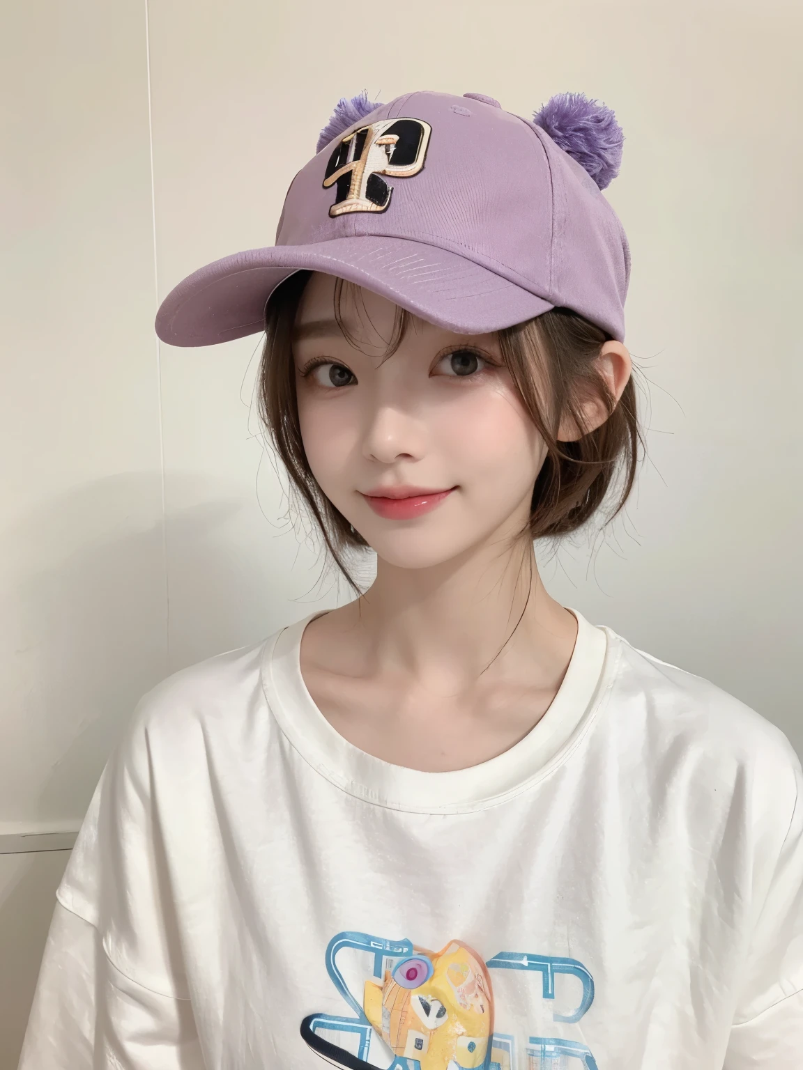 Best image quality、original photo、ultra high resolution、21 years old Korean、small breasts、dynamic angle、Cowboy shooting、The most beautiful form of chaos、elegant、Innovative design、bright colors、,light brown short hair、disheveled hair、light brown eyes 、black baseball cap(表情Smile)、short bob、Smile、Fair and shiny skin、beautiful eyes,random colors、The details are very beautiful、thin lips、细致beautiful eyes、elongated eyes、pale pink cheeks、long eyelashes、beautiful double eyelids、eye shadow、he、White big T-shirt sweatshirt、baggy pants、Shot from the side、sexy pose、enlarge