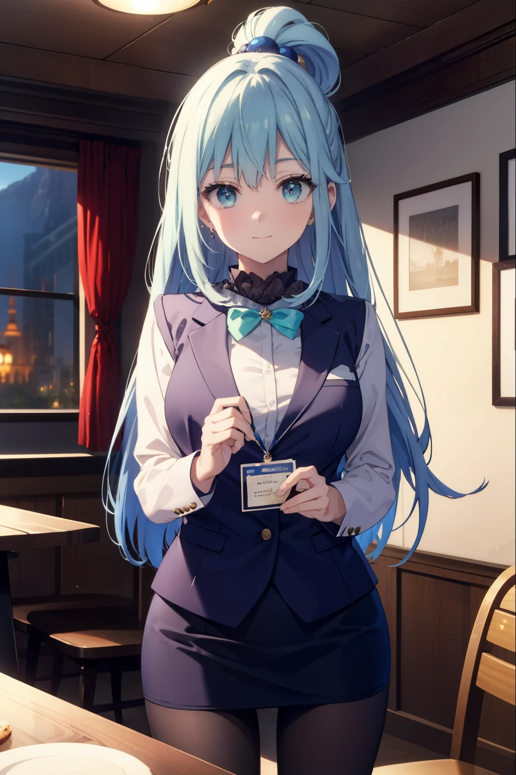 konosubaaqua, aqua, long hair, blue eyes, hair ornaments, very long hair, blue hair, hair ring, シングルhair ring, hair bobble,smile,happy atmosphere,black suit jacket, collared jacket, white dress shirt, collared shirt, neckline, button, strap, ID card on neck, black pencil skirt, black pantyhose, looking at the viewer, medium chest,There&#39;s a lot of food on the table,sitting cross-legged on a chair,
break indoor, restaurant,viking,
break looking at viewer, (cowboy shot:1.5),
break (masterpiece:1.2), highest quality, High resolution, unity 8k wallpaper, (figure:0.8), (detailed and beautiful eyes:1.6), highly detailed face, perfect lighting, Very detailed CG, (perfect hands, perfect anatomy),