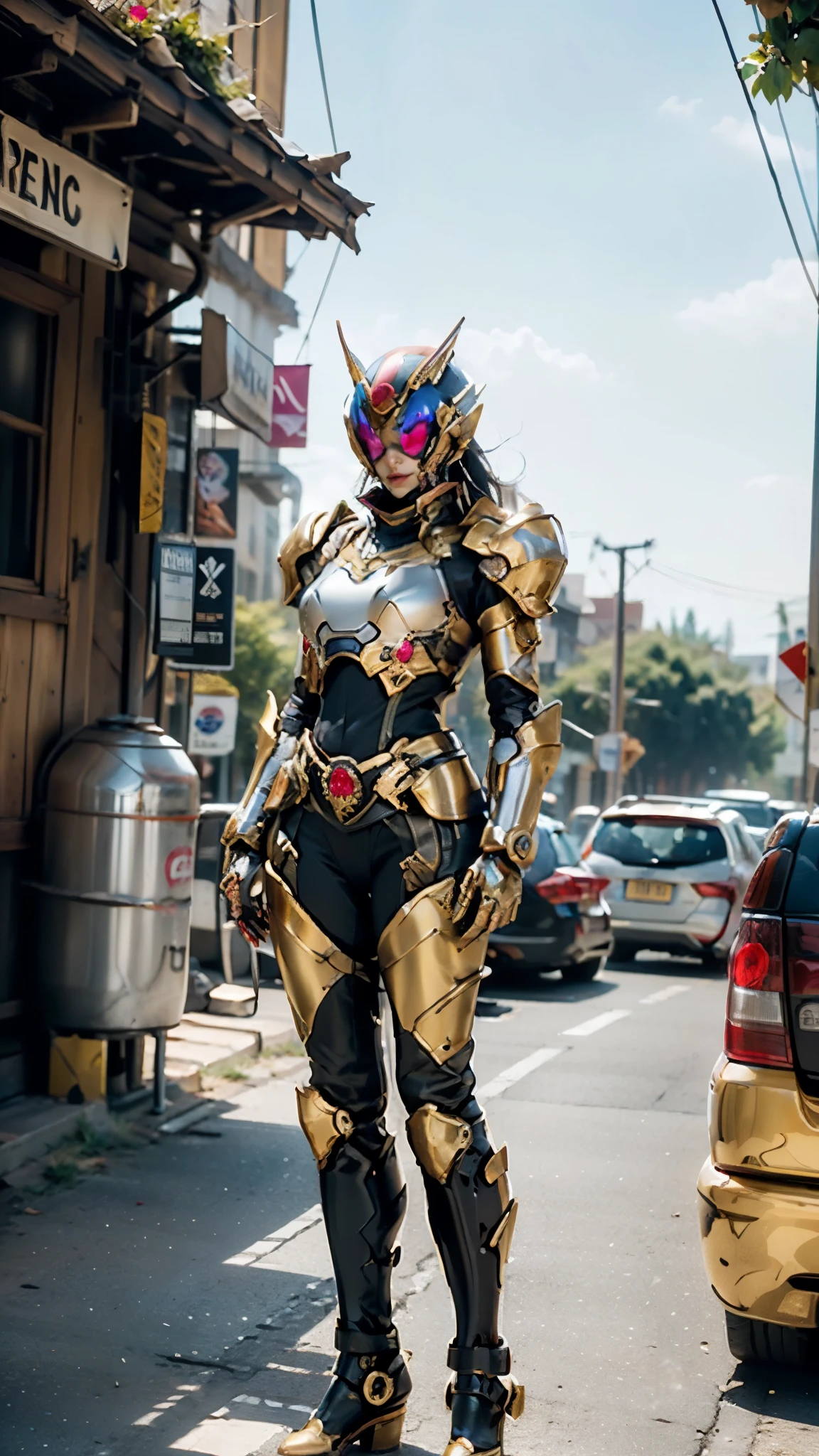 A woman adorned in fantasy-style full-body armor, a crown-concept fully enclosed helmet that unveils only her eyes, a composite layered chest plate, fully encompassing shoulder and hand guards, a lightweight waist armor, form-fitting shin guards, the overall design is heavy-duty yet flexible, ((the armor gleams with a golden glow, complemented by red and blue accents)), exhibiting a noble aura, she floats above a fantasy-surreal high-tech city, this character embodies a finely crafted fantasy-surreal style armored hero in anime style, exquisite and mature manga art style, (Queen bee mixed with Spider concept Armor), ((real woman, beautiful woman, photorealistic, elegant, goddess, femminine:1.5)), metallic, high definition, best quality, highres, ultra-detailed, ultra-fine painting, extremely delicate, professional, anatomically correct, symmetrical face, extremely detailed eyes and face, high quality eyes, creativity, RAW photo, UHD, 32k, Natural light, cinematic lighting, masterpiece-anatomy-perfect, masterpiece:1.5