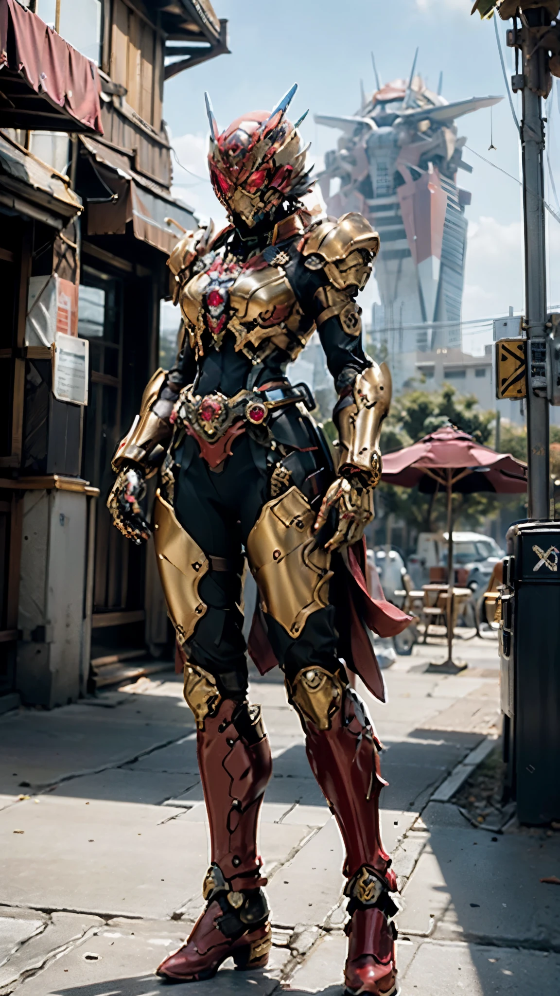 A woman adorned in fantasy-style full-body armor, a crown-concept fully enclosed helmet that unveils only her eyes, a composite layered chest plate, fully encompassing shoulder and hand guards, a lightweight waist armor, form-fitting shin guards, the overall design is heavy-duty yet flexible, ((the armor gleams with a golden glow, complemented by red and blue accents)), exhibiting a noble aura, she floats above a fantasy-surreal high-tech city, this character embodies a finely crafted fantasy-surreal style armored hero in anime style, exquisite and mature manga art style, (Queen bee mixed with Spider concept Armor, photorealistic, beautiful woman), ((elegant, goddess, femminine:1.5)), metallic, high definition, best quality, highres, ultra-detailed, ultra-fine painting, extremely delicate, professional, anatomically correct, symmetrical face, extremely detailed eyes and face, high quality eyes, creativity, RAW photo, UHD, 32k, Natural light, cinematic lighting, masterpiece-anatomy-perfect, masterpiece:1.5