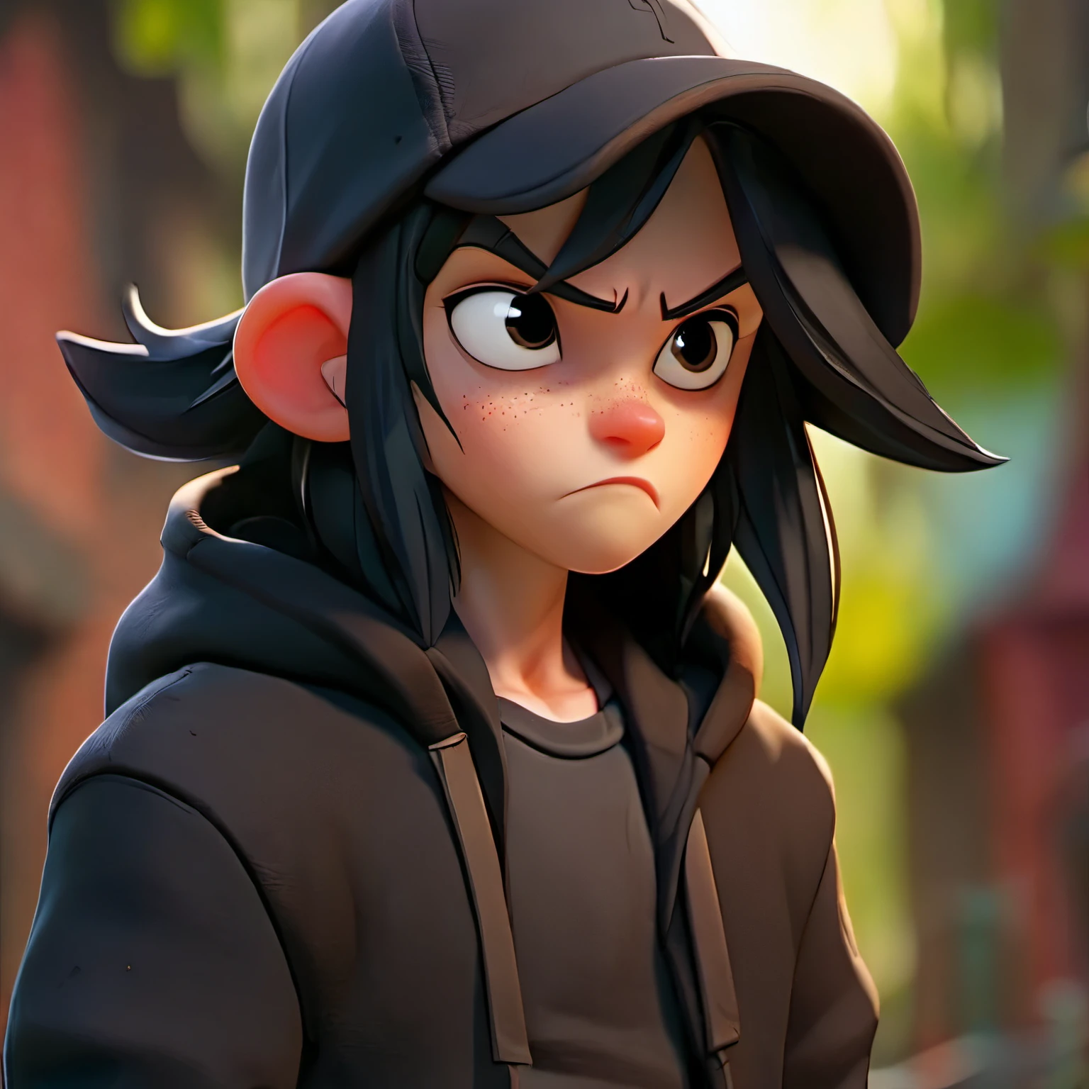 Rogue boy with long straight black hair, wearing "black cap" and "dark hoodie"