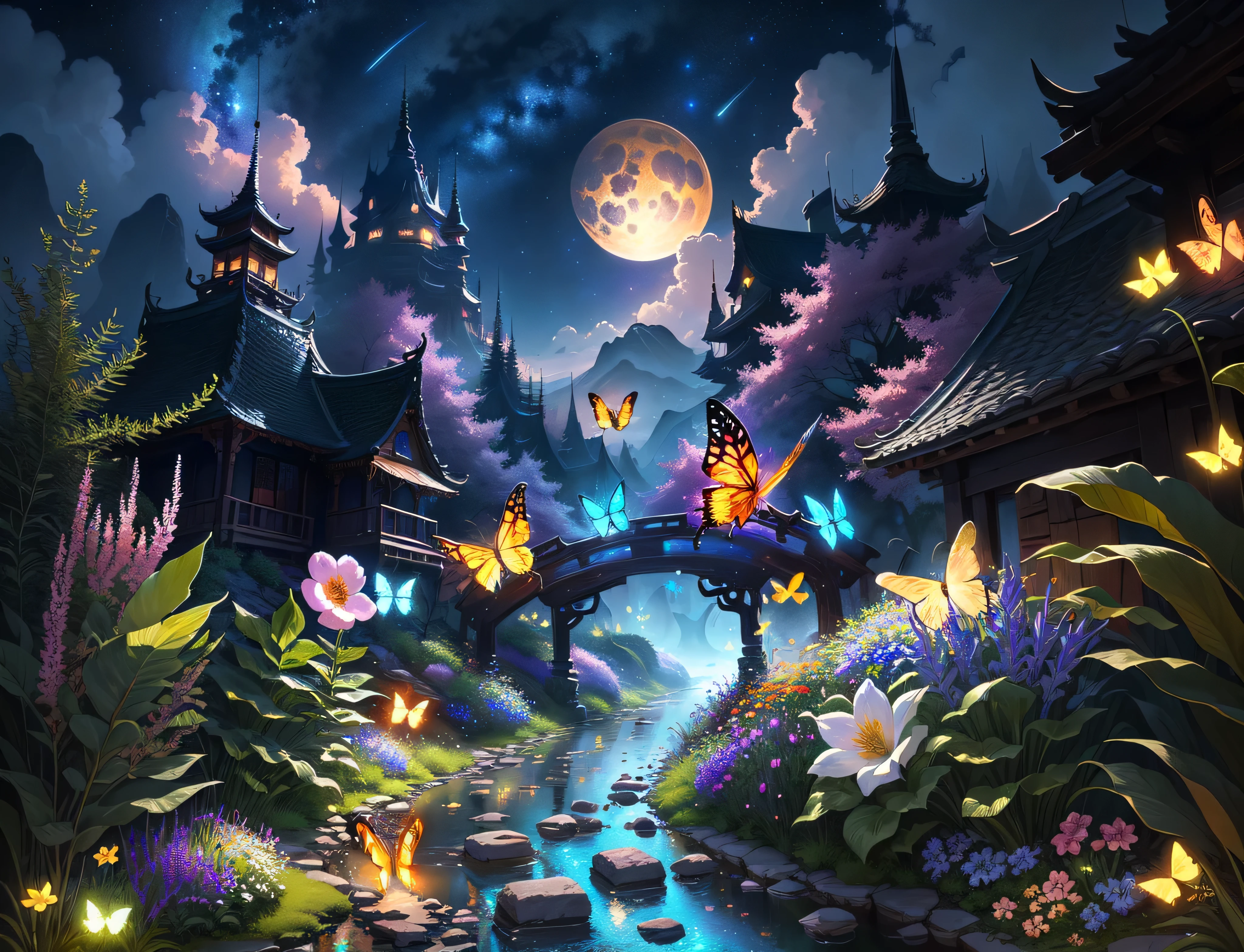 There are many butterflies flying around the creek at night, magical background, background artwork, magnificent background, magical scenery, glowing butterfly, Beautiful art ultra hd 4k, magical fairy background, amazing background, magical world. colorful, Detailed dreams, digital art fantasy, magical environment, colorfull digital fantasy art, Fabulous Huashan, The night sky is full of flowers