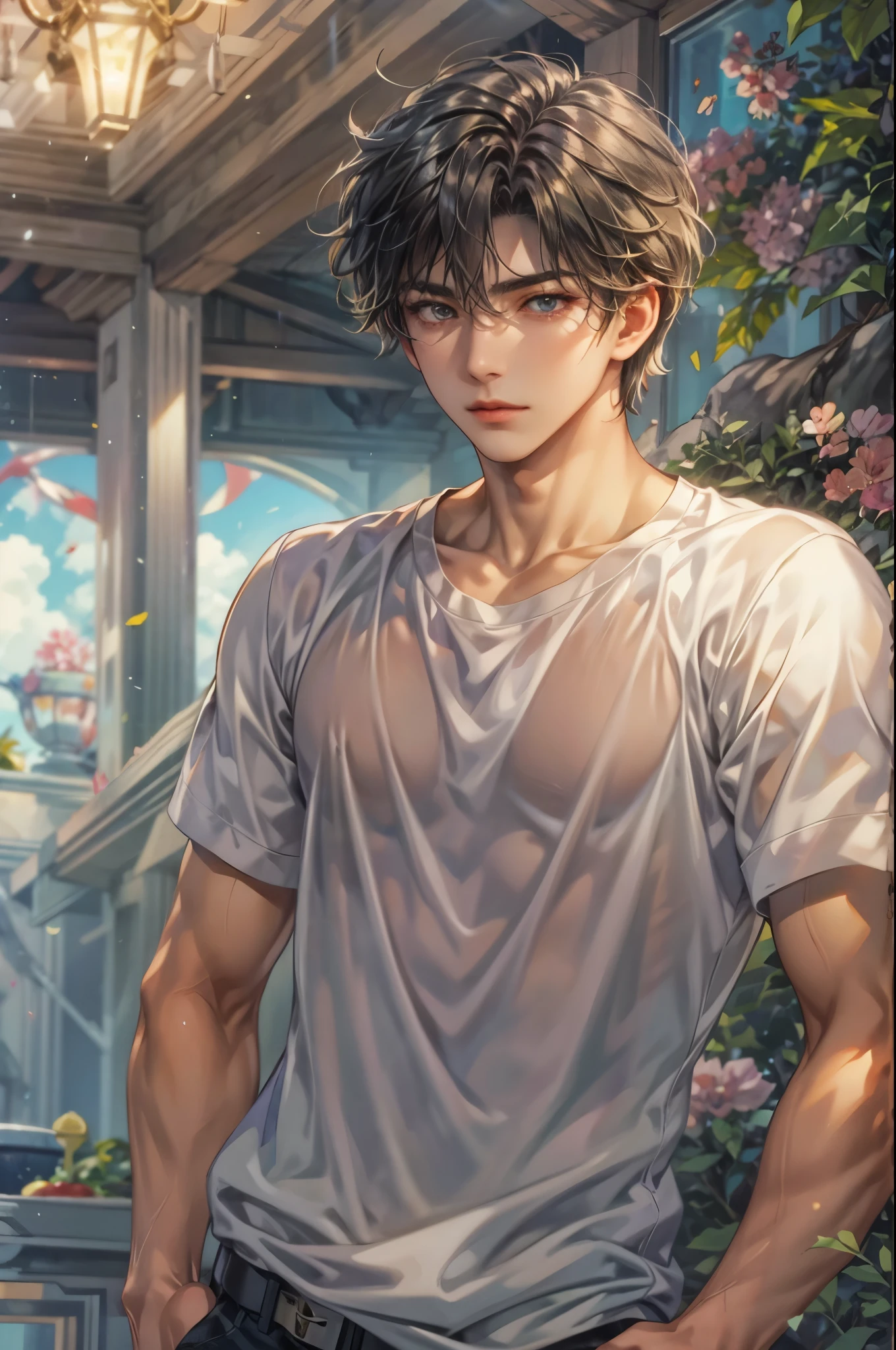 ((Best quality)), ((masterpiece)), (detailed), ((perfect face)), ((halfbody)) handsome face, male, teen boy,  perfect proportions , a character from anime saint seiya, short hair, male version , detailed ghibli interior scenery background 