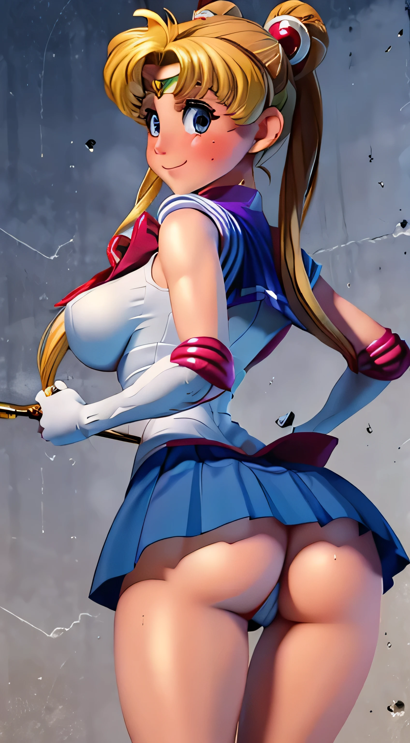 masterpiece, best quality, absurdres, perfect antomy, 1girl, solo, SMMoon, 1990s \(style\), blonde sailor moon, standing, smile, cowboy shot, sailor senshi uniform, sailor collar, blue skirt, elbow gloves, in back pose, show her booty, backwards, no thong, big booty, ultra mini skirt, (detailed:1.3), ultra high res, ultra detailed, Highly detailed face and skin texture, detailed eyes, double eyelids, dynamic light, (HIGHLY DETAILED FACE) in back pose, show her booty, backwards, (both hands on her butt), lifting her little skirt.