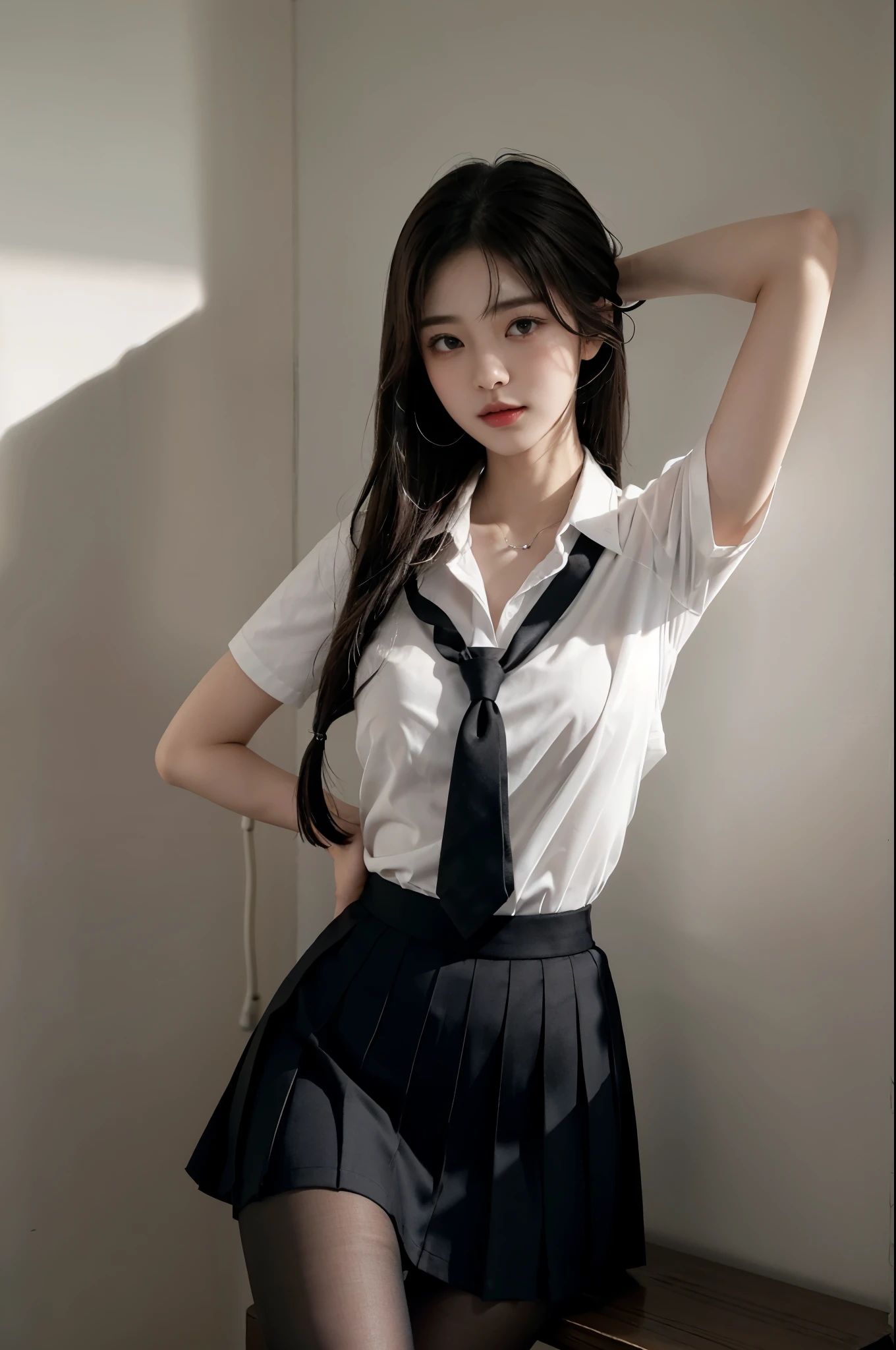 韓国のSchoolの制服、summer clothes shirt、tight fit shirt、ribbon tie、skirt、School、Schoolの階段、chest-lifting pose、The focus is on the chest、thin and large、8K RAW写真、High resolution、18 years old Korean、looking embarrassed、very big round breasts、complex and detailed parts、long eyelashes、beautiful double eyelids、eye shadow、eyeliner、elongated eyes、elongated eyesの形、Sanpaku eyes are beautiful and thin, legit thin thighs、Random Shorthair、tie your hair back、耳Nipple Ring、light brown hair、(please wear pantyhose)、grab your knees,Erotic、sexy、see-through