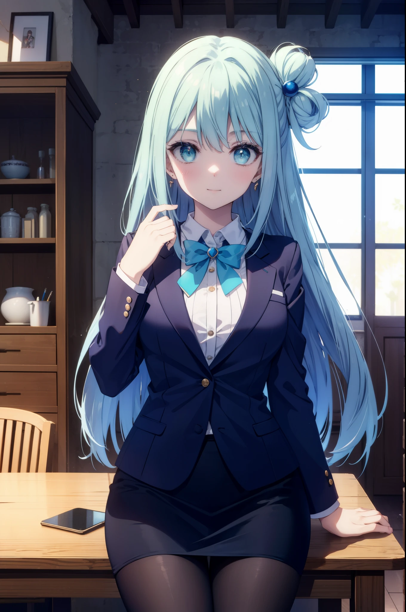 konosubaaqua, aqua, long hair, blue eyes, hair ornaments, very long hair, blue hair, hair ring, シングルhair ring, hair bobble,smile,happy atmosphere,black suit jacket, collared jacket, white dress shirt, collared shirt, neckline, button, strap, ID card on neck, black pencil skirt, black pantyhose, looking at the viewer, medium chest,there is food on the table,sitting cross-legged on a chair,
break indoor, canteen,
break looking at viewer, (cowboy shot:1.5),
break (masterpiece:1.2), highest quality, High resolution, unity 8k wallpaper, (figure:0.8), (detailed and beautiful eyes:1.6), highly detailed face, perfect lighting, Very detailed CG, (perfect hands, perfect anatomy),