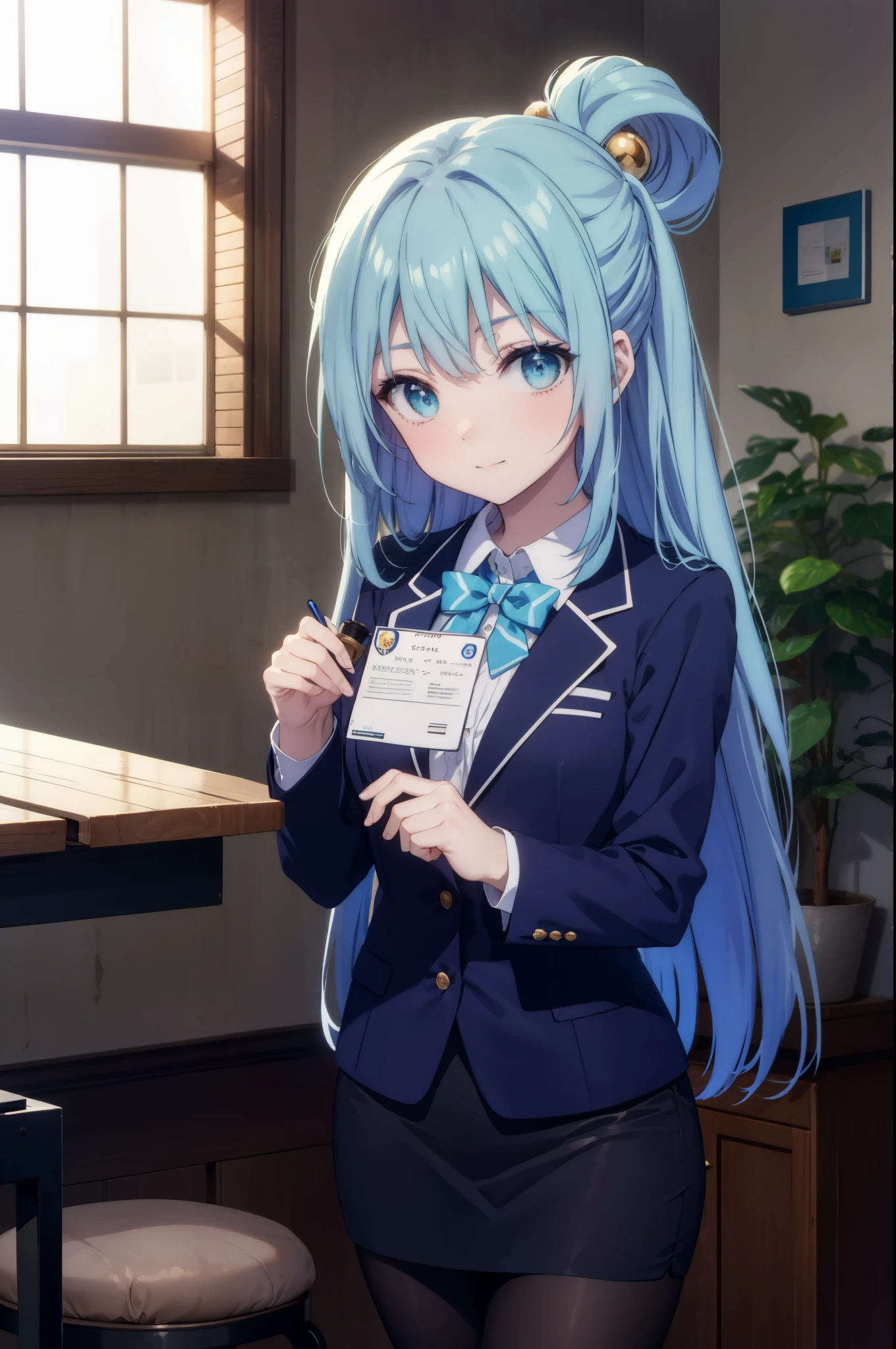 konosubaaqua, aqua, long hair, blue eyes, hair ornaments, very long hair, blue hair, hair ring, シングルhair ring, hair bobble,smile,happy atmosphere,black suit jacket, collared jacket, white dress shirt, collared shirt, neckline, button, strap, ID card on neck, black pencil skirt, black pantyhose, looking at the viewer, medium chest,there is food on the table,sitting cross-legged on a chair,
break indoor, canteen,
break looking at viewer, (cowboy shot:1.5),
break (masterpiece:1.2), highest quality, High resolution, unity 8k wallpaper, (figure:0.8), (detailed and beautiful eyes:1.6), highly detailed face, perfect lighting, Very detailed CG, (perfect hands, perfect anatomy),