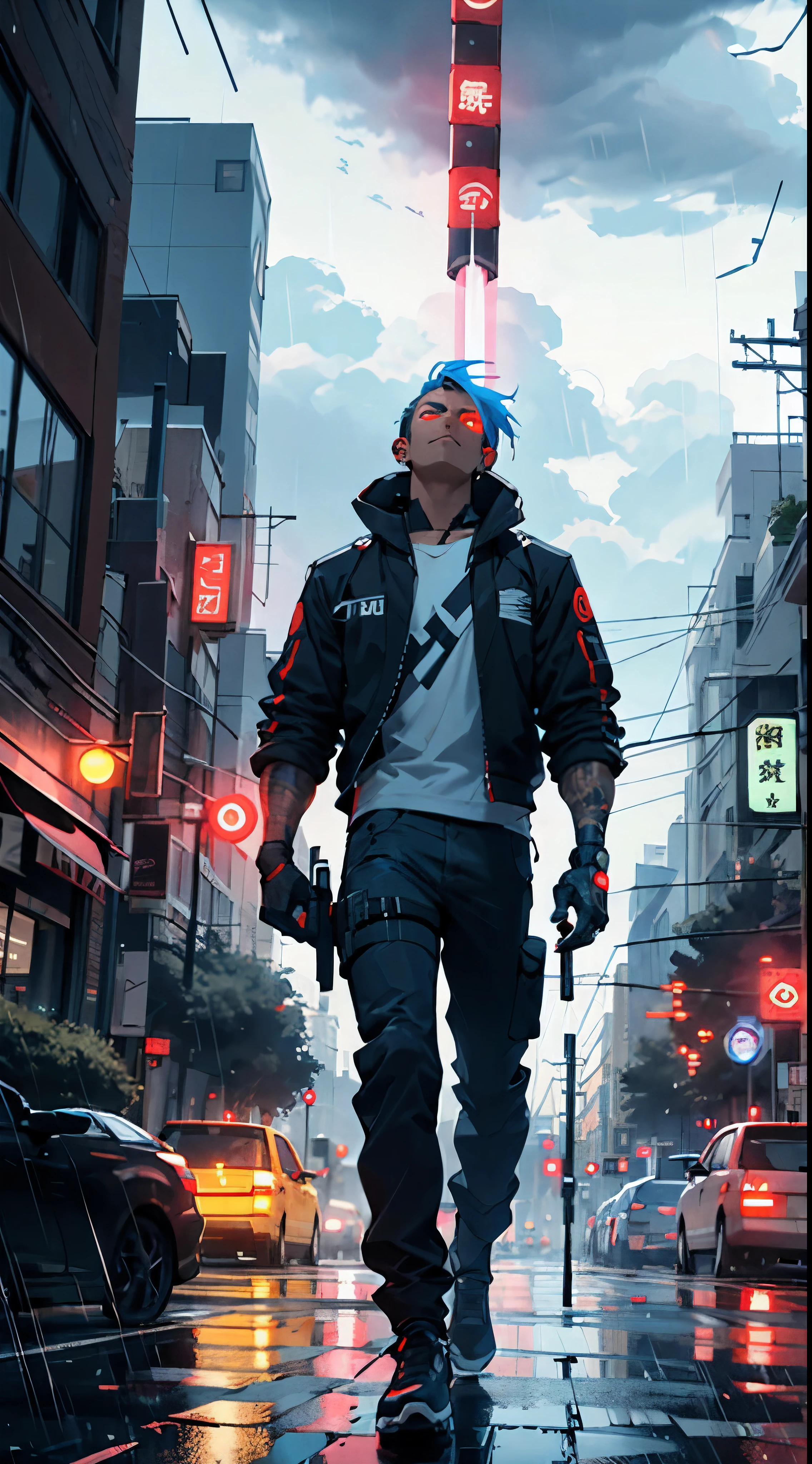 Cyborg with carrying a neon sword at the back red eyes, power core at the center, looking up while raining with thunder clouds in the downtown city street