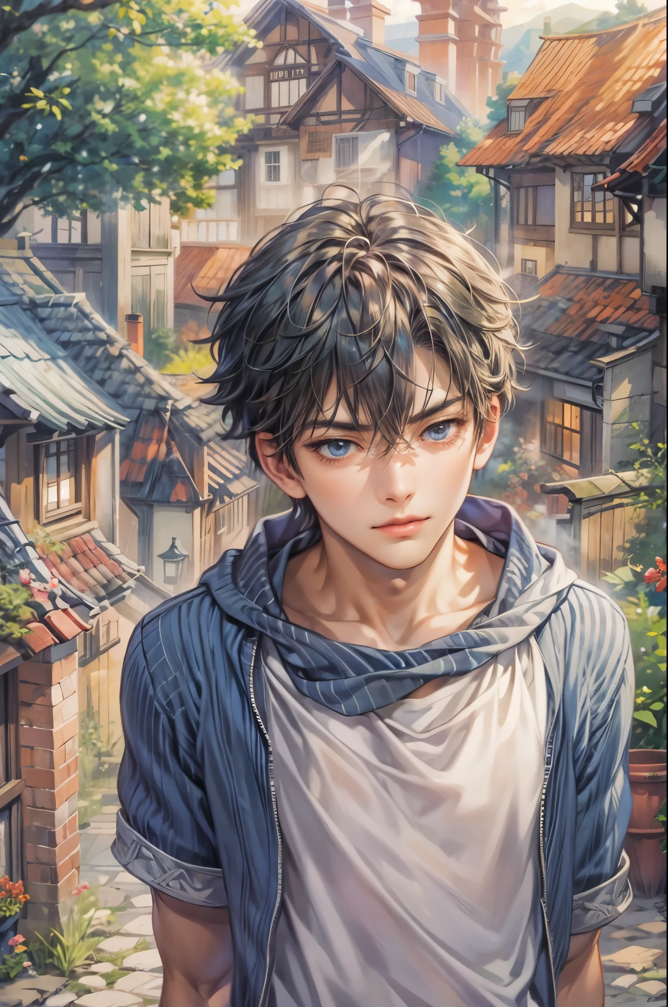 ((Best quality)), ((masterpiece)), (detailed), ((perfect face)), ((halfbody)) handsome face, male, teen boy, perfect proportions , a character from anime fairy tail, male version , hiro mashima art, detailed ghibli town background, detailed ghibli scenery background