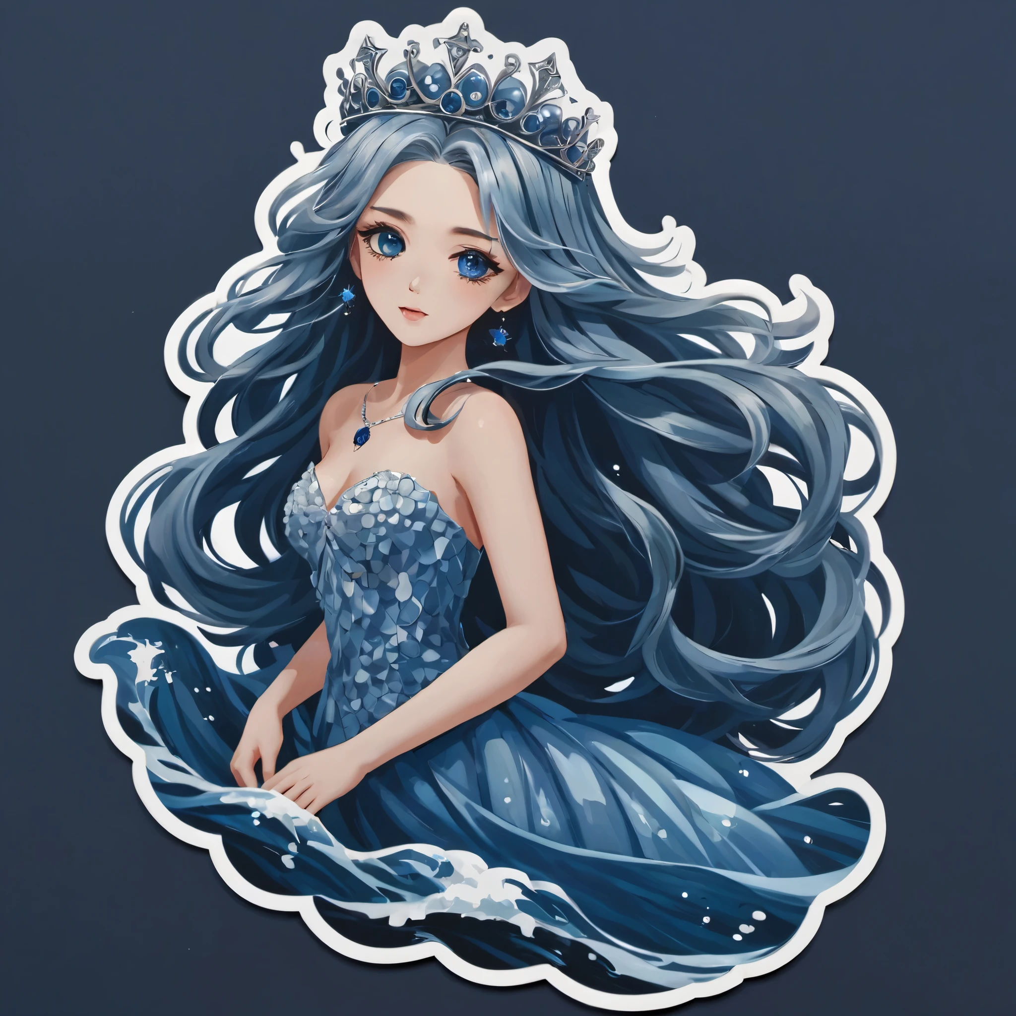 (a sticker,),(3D anime girl),dress, elegance,beautyful face,Light shiny blue wavy long hair,Wearing a small silver diamond crown,(In circlerown dark blue ocean background), ( border)(oil painting style), ultra - detailed, best quality, Detailed diagram, vectorized, 8K, Professional sticker design, Graphic design, vector lines, a sticker, Full-HD