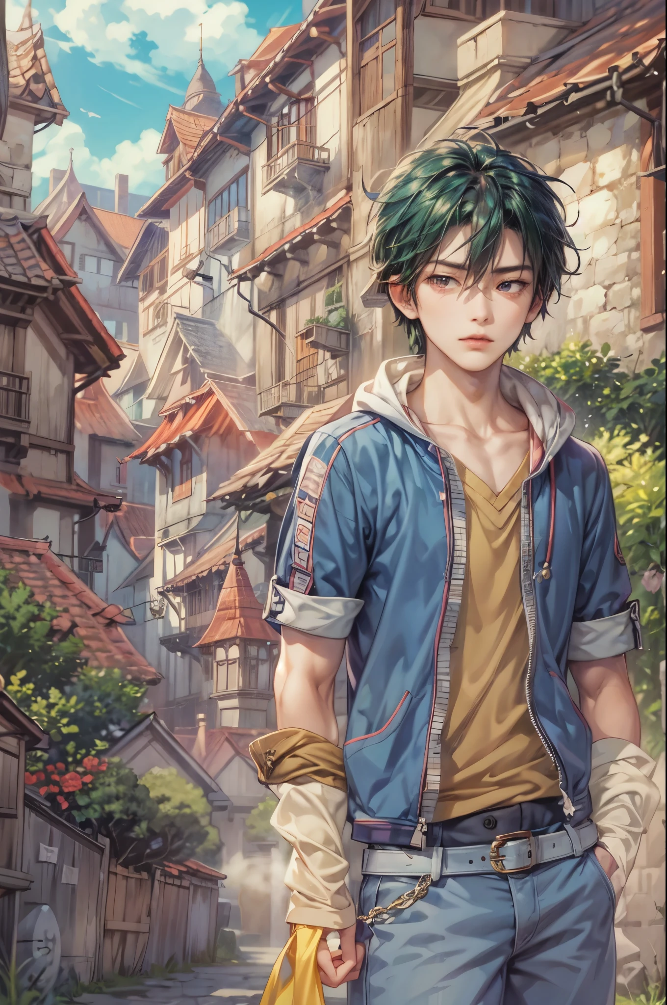 ((Best quality)), ((masterpiece)), (detailed), ((perfect face)), ((halfbody)) handsome face, male, teen boy, perfect proportions , a character from anime fairy tail, male version , hiro mashima art, detailed ghibli town background, detailed ghibli scenery background