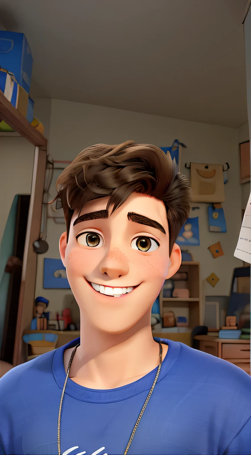 um jovem sorrindo, in the background your messy room