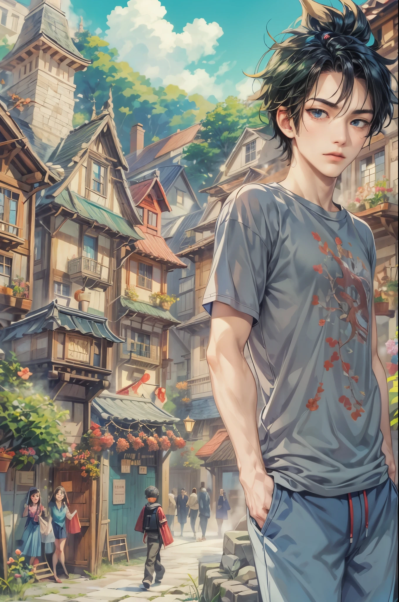 ((Best quality)), ((masterpiece)), (detailed), ((perfect face)), ((halfbody)) handsome face, male, teen boy,  perfect proportions , a character from anime fairy tail, male version , hiro mashima art, detailed ghibli town background, detailed ghibli scenery background 