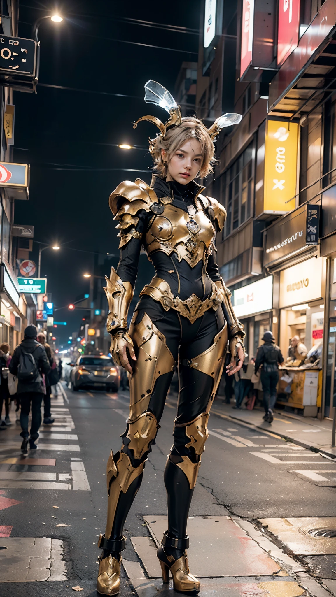 A woman adorned in fantasy-style full-body armor, a crown-concept fully enclosed helmet that unveils only her eyes, a composite layered chest plate, fully encompassing shoulder and hand guards, a lightweight waist armor, form-fitting shin guards, the overall design is heavy-duty yet flexible, ((the armor gleams with a golden glow, complemented by red and blue accents)), exhibiting a noble aura, she floats above the Futuristic city, this character embodies a finely crafted fantasy-surreal style armored hero in anime style, exquisite and mature manga art style, (Queen bee mixed with Spider concept Armor, photorealistic:1.4, real texture material:1.2, professional photo, cinematic), ((city night view, element, energy, elegant, goddess, femminine:1.5)), metallic, high definition, best quality, highres, ultra-detailed, ultra-fine painting, extremely delicate, anatomically correct, symmetrical face, extremely detailed eyes and face, high quality eyes, creativity, RAW photo, UHD, 32k, Natural light, cinematic lighting, masterpiece-anatomy-perfect, masterpiece:1.5