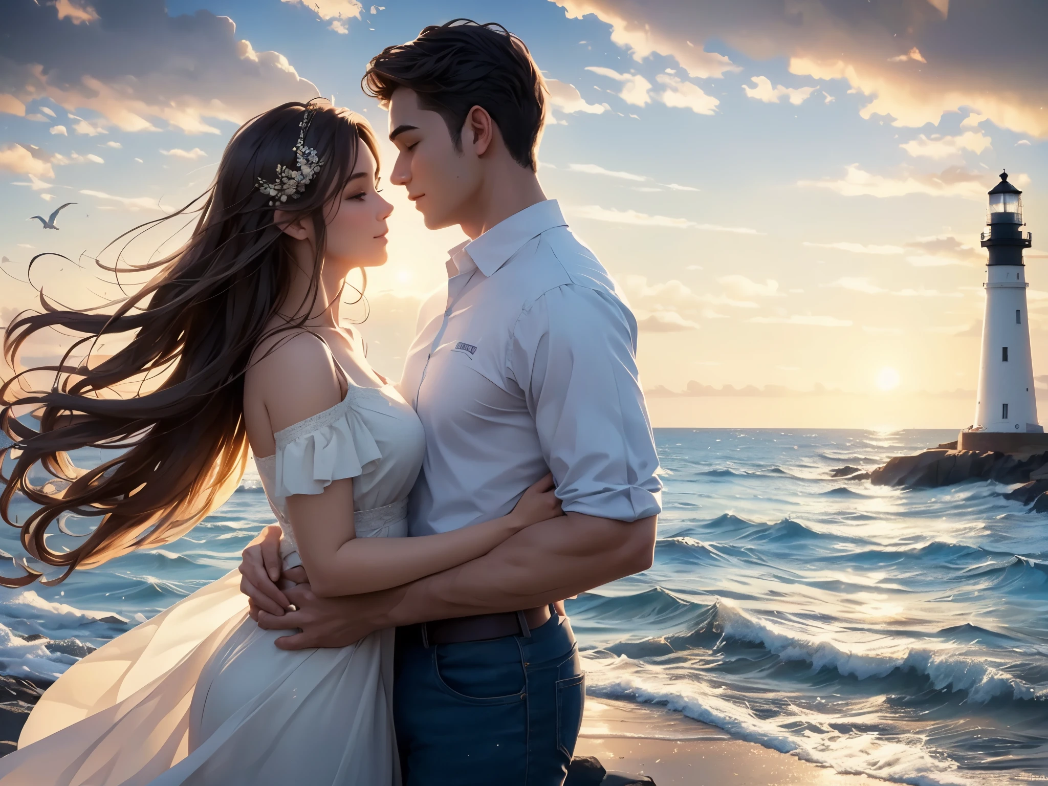(high quality,detailed)A loving couple standing in front of the ((lighthouse)), watching the sunrise, (realistic)expressing their deep affection towards each other. The woman (beautiful detailed eyes,beautiful detailed lips) has a radiant smile as she gazes into the eyes of her partner. The man (handsome detailed eyes,sharp jawline) wraps his arm around her waist, in a tender and protective gesture. They are both wearing (stylish,matching)coastal attire, with the gentle breeze lightly tousling their hair. The lighthouse (tall,brick-built)stands tall behind them, symbolizing their unwavering love and guiding light in their journey together. The (vibrant,colorful) hues of the sunrise paint the sky, casting a warm glow upon the scene. The surrounding (calm,crashing) waves create a tranquil ambiance, blending harmoniously with the sounds of seagulls in the distance. The scene is captured in a (impressionistic,painterly)style, highlighting the natural beauty of the moment. The (soft,warm)lighting accentuates the details of their expressions, accentuating the joy and serenity they feel in each other's company.