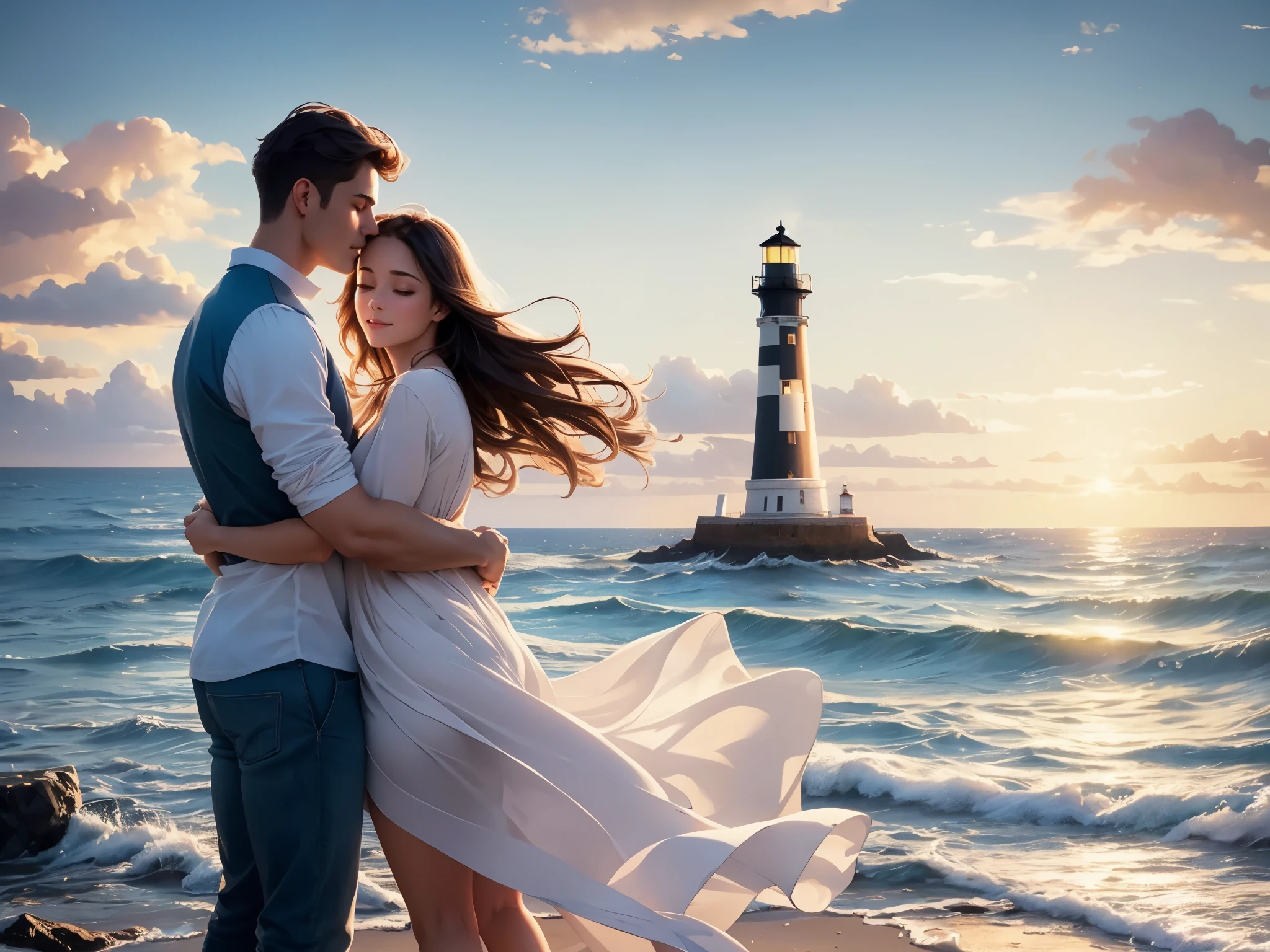 (high quality,detailed)A loving couple standing in front of the ((lighthouse)), watching the sunrise, (realistic)expressing their deep affection towards each other. The woman (beautiful detailed eyes,beautiful detailed lips) has a radiant smile as she gazes into the eyes of her partner. The man (handsome detailed eyes,sharp jawline) wraps his arm around her waist, in a tender and protective gesture. They are both wearing (stylish,matching)coastal attire, with the gentle breeze lightly tousling their hair. The lighthouse (tall,brick-built)stands tall behind them, symbolizing their unwavering love and guiding light in their journey together. The (vibrant,colorful) hues of the sunrise paint the sky, casting a warm glow upon the scene. The surrounding (calm,crashing) waves create a tranquil ambiance, blending harmoniously with the sounds of seagulls in the distance. The scene is captured in a (impressionistic,painterly)style, highlighting the natural beauty of the moment. The (soft,warm)lighting accentuates the details of their expressions, accentuating the joy and serenity they feel in each other's company.