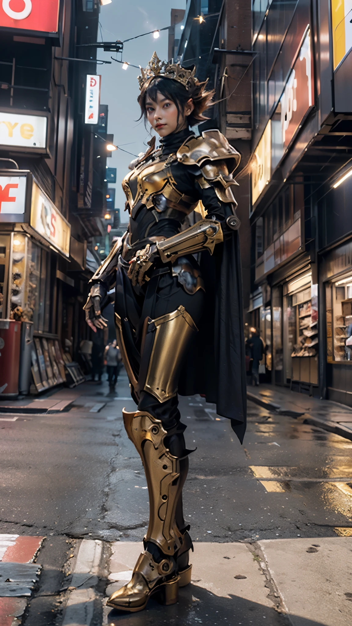 A woman adorned in fantasy-style full-body armor, a crown-concept fully enclosed helmet that unveils only her eyes, a composite layered chest plate, fully encompassing shoulder and hand guards, a lightweight waist armor, form-fitting shin guards, the overall design is heavy-duty yet flexible, ((the armor gleams with a golden glow, complemented by red and blue accents)), exhibiting a noble aura, she floats above the Futuristic city, this character embodies a finely crafted fantasy-surreal style armored hero in anime style, exquisite and mature manga art style, (Queen bee mixed with Spider concept Armor, photorealistic:1.4, real texture material:1.2, professional photo, cinematic), ((city night view, element, energy, elegant, goddess, femminine:1.5)), metallic, high definition, best quality, highres, ultra-detailed, ultra-fine painting, extremely delicate, anatomically correct, symmetrical face, extremely detailed eyes and face, high quality eyes, creativity, RAW photo, UHD, 32k, Natural light, cinematic lighting, masterpiece-anatomy-perfect, masterpiece:1.5