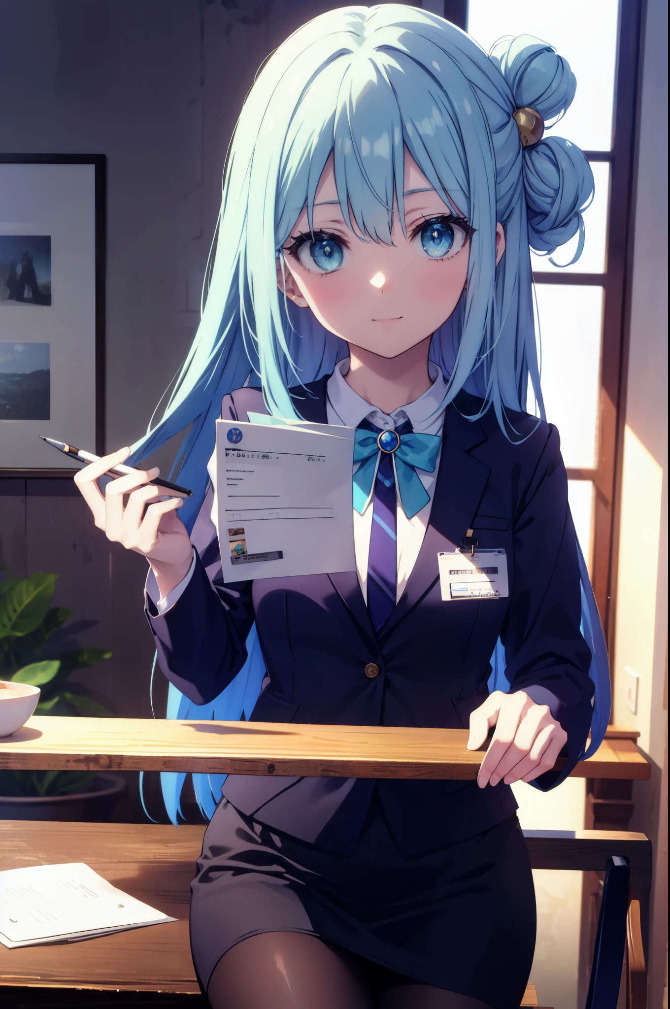 konosubaaqua, aqua, long hair, blue eyes, hair ornaments, very long hair, blue hair, hair ring, シングルhair ring, hair bobble,smile,happy atmosphere,black suit jacket, collared jacket, white dress shirt, collared shirt, neckline, button, strap, ID card on neck, black pencil skirt, black pantyhose, looking at the viewer, medium chest,there is food on the table,sitting cross-legged on a chair,
break indoor, canteen,
break looking at viewer, (cowboy shot:1.5),
break (masterpiece:1.2), highest quality, High resolution, unity 8k wallpaper, (figure:0.8), (detailed and beautiful eyes:1.6), highly detailed face, perfect lighting, Very detailed CG, (perfect hands, perfect anatomy),