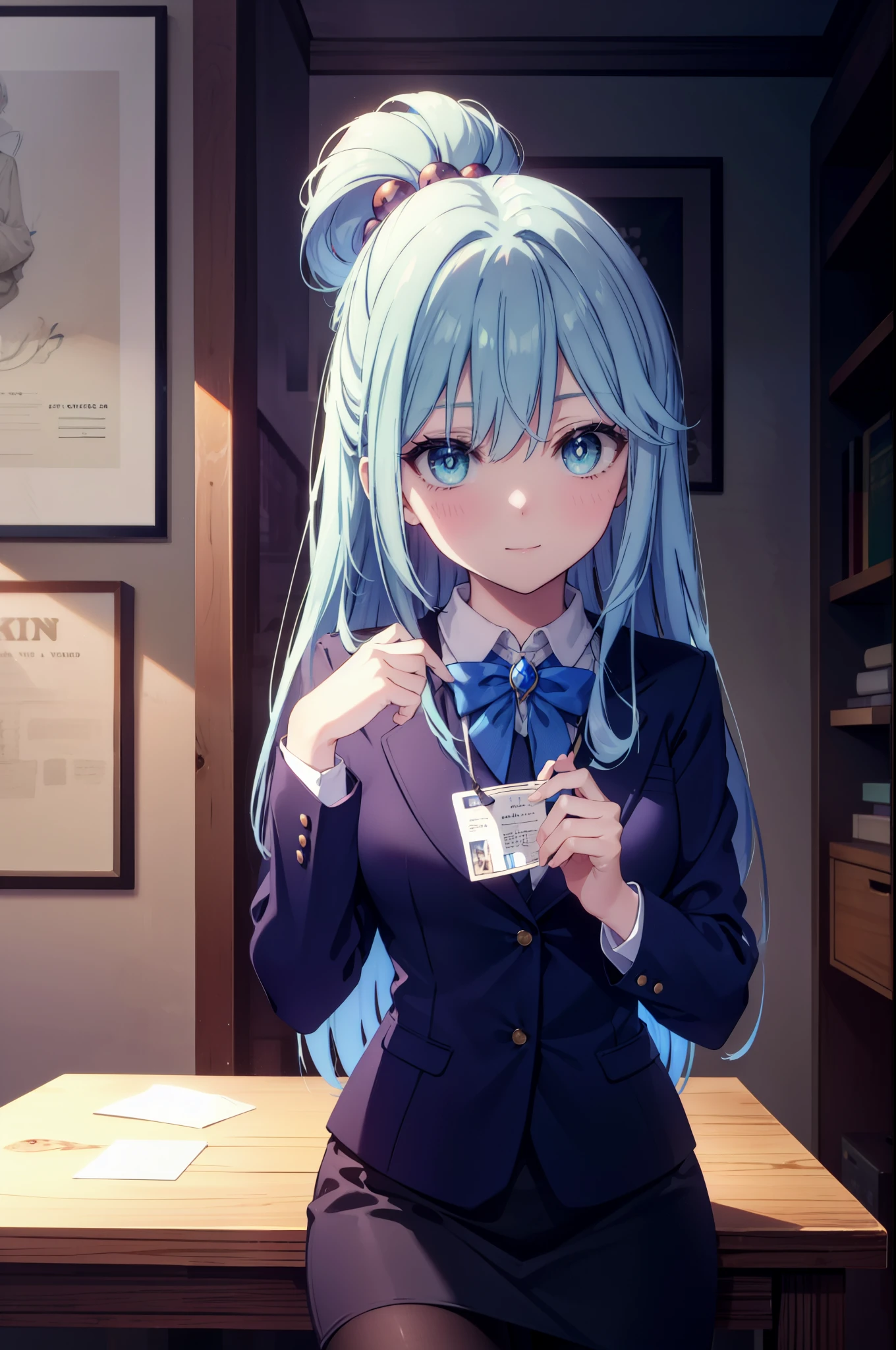 konosubaaqua, aqua, long hair, blue eyes, hair ornaments, very long hair, blue hair, hair ring, シングルhair ring, hair bobble,smile,happy atmosphere,black suit jacket, collared jacket, white dress shirt, collared shirt, neckline, button, strap, ID card on neck, black pencil skirt, black pantyhose, looking at the viewer, medium chest,there is food on the table,sitting cross-legged on a chair,
break indoor, canteen,
break looking at viewer, (cowboy shot:1.5),
break (masterpiece:1.2), highest quality, High resolution, unity 8k wallpaper, (figure:0.8), (detailed and beautiful eyes:1.6), highly detailed face, perfect lighting, Very detailed CG, (perfect hands, perfect anatomy),