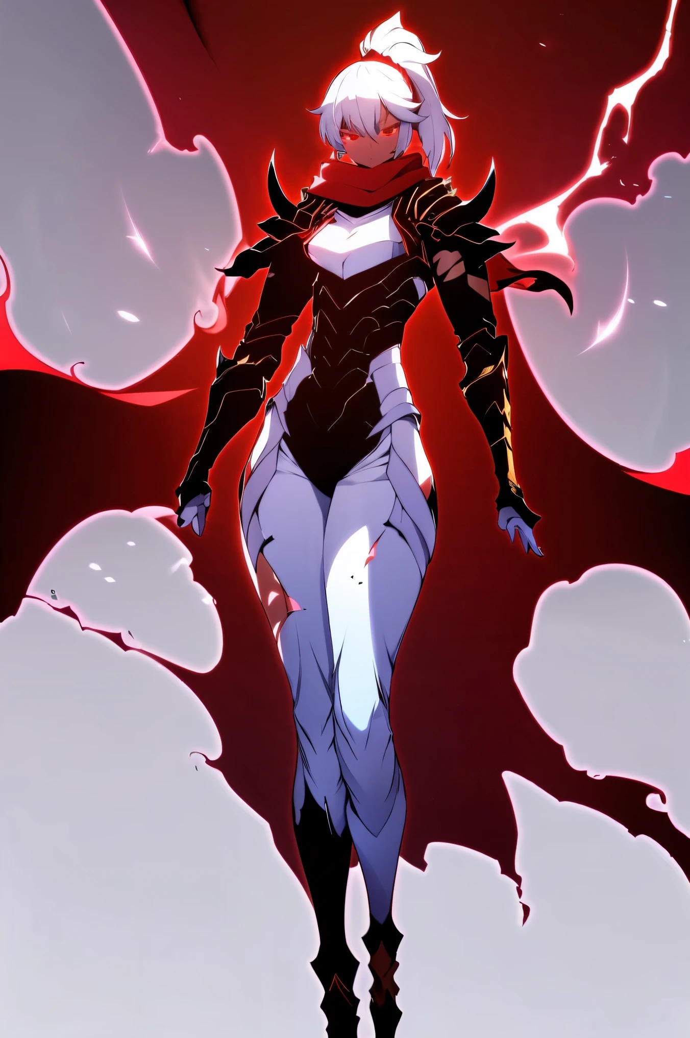 darkskin woman fantasy clothes, white short hair in a ponytail, red eyes, horned headband, Torn red scarf, white and black Armor, skull-shaped shoulder pad, skull Knee Pads, aura (red), angry, full body view, perfect Anatomy, intricate pencil sketch, expressive eyes and nose and mouth, un-zoom, highly detailed, white background