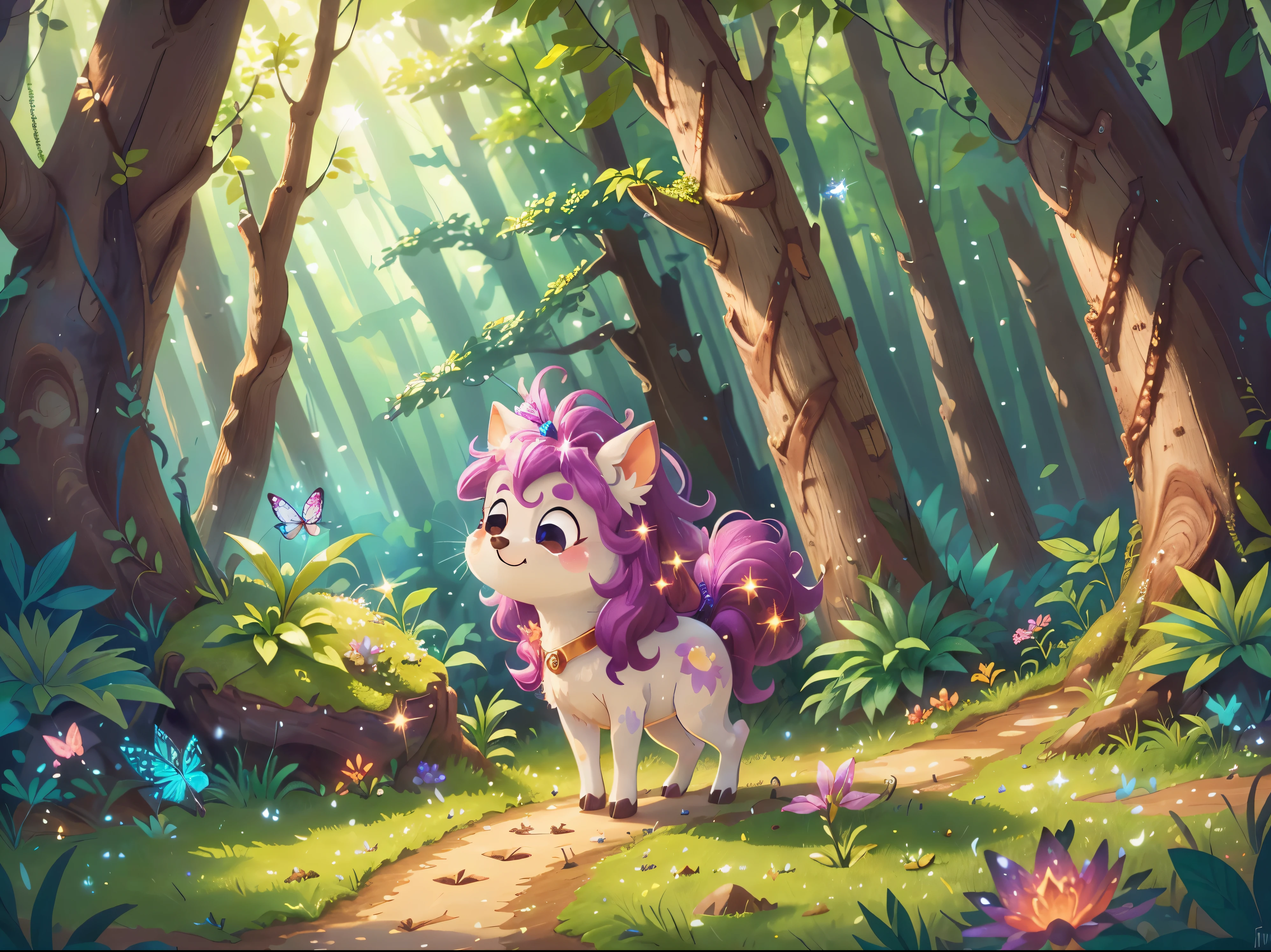 (best quality,4k,8k,highres,Meisterwerk:1.2),ultradetailliert,(Realistisch,photoRealistisch,photo-Realistisch:1.37),Ein junges Einhorn namens funkeln erkundet das mystische Land Fairymore, lebendiger Zauberwald, magischer Fluss, Shine with flowing mane and a radiant aura, Der lebendige Glanz von Fairymore, funkelns Entschlossenheit, Magie und lebendige Farben wiederherzustellen, Funkeln Sie umgeben von bunten Schmetterlingen und Glitzern, Feen begleiten funkeln auf ihrer Reise, glitzernder Regenbogen, that shines through the forest trees, funkeln and discover hidden treasures of magical power, bright flowers bloom, as funkeln walks by, funkelns Schritte hinterlassen glitzernde Spuren, the sound of laughter and music filled the air, funkelns Augen funkelten vor Staunen und Aufregung, Der Wald wird mit magischen Kreaturen und Pflanzen zum Leben erweckt, funkeln'His hoofprints leave a trail of shimmering stardust.