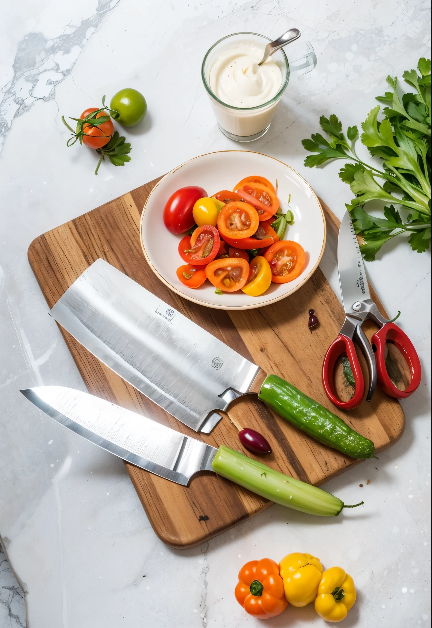 There are 2 kitchen knives on the chopping board, 1 kitchen scissors, many vegetables on the table, sunshine, marble table, kitchen, photo-realistic, realistic, natural light, high definition, 8K, high-definition aesthetics, 4k, metal texture.