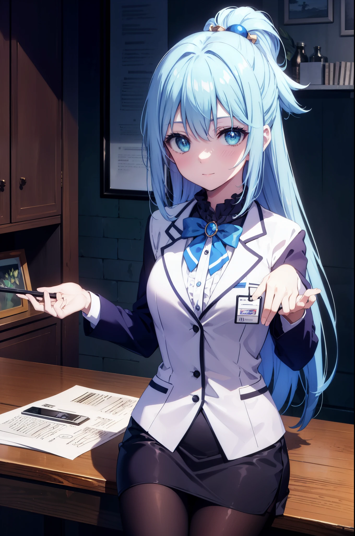 konosubaaqua, aqua, long hair, blue eyes, hair ornaments, very long hair, blue hair, hair ring, シングルhair ring, hair bobble,smile,happy atmosphere,black suit jacket, collared jacket, white dress shirt, collared shirt, neckline, button, strap, ID card on neck, black pencil skirt, black pantyhose, looking at the viewer, medium chest,there is food on the table,sitting cross-legged on a chair,
break indoor, canteen,
break looking at viewer, (cowboy shot:1.5),
break (masterpiece:1.2), highest quality, High resolution, unity 8k wallpaper, (figure:0.8), (detailed and beautiful eyes:1.6), highly detailed face, perfect lighting, Very detailed CG, (perfect hands, perfect anatomy),