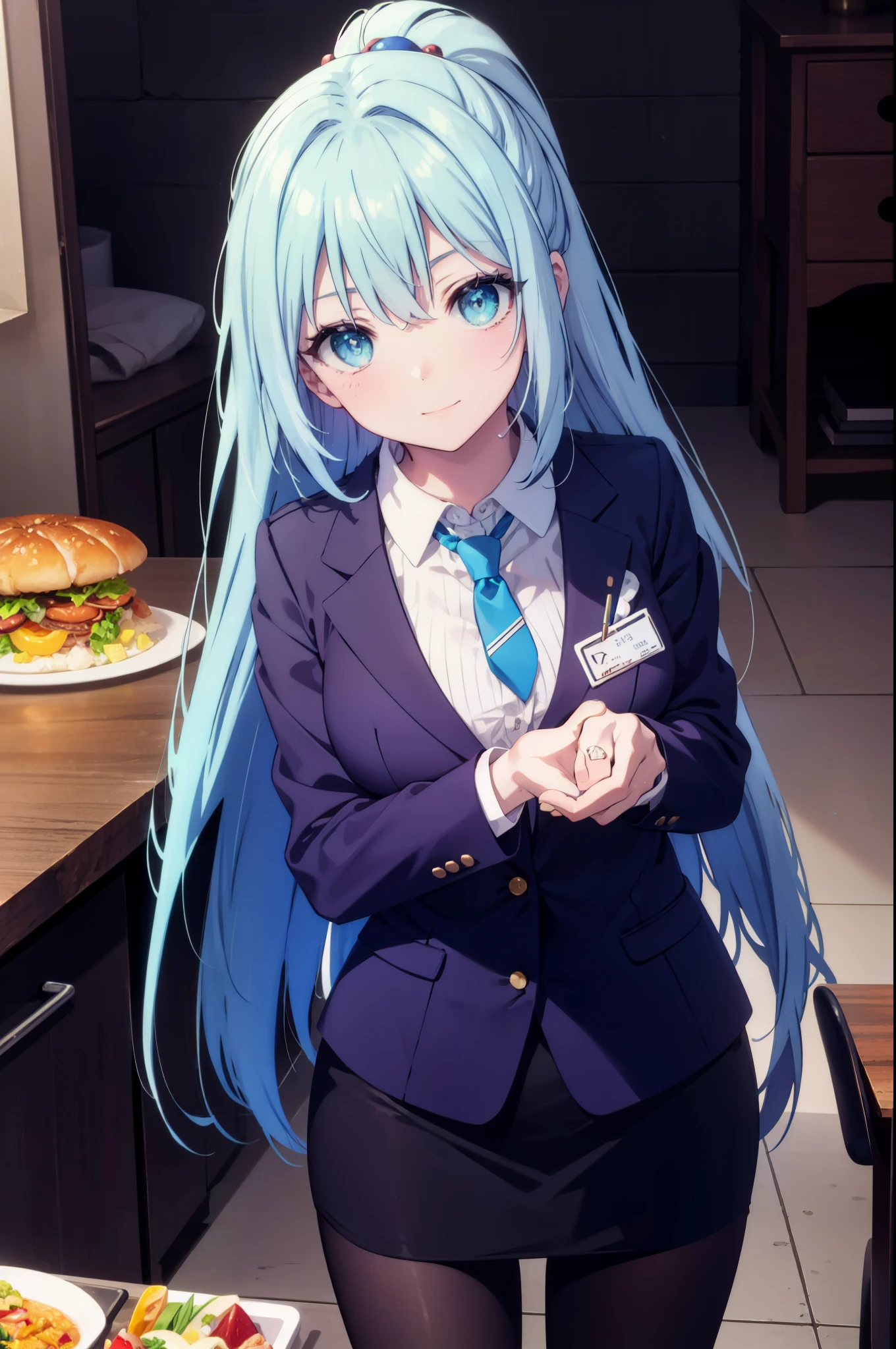 konosubaaqua, aqua, long hair, blue eyes, hair ornaments, very long hair, blue hair, hair ring, シングルhair ring, hair bobble,smile,happy atmosphere,black suit jacket, collared jacket, white dress shirt, collared shirt, neckline, button, strap, ID card on neck, black pencil skirt, black pantyhose, looking at the viewer, medium chest,there is food on the table,sitting cross-legged on a chair,
break indoor, canteen,
break looking at viewer, (cowboy shot:1.5),
break (masterpiece:1.2), highest quality, High resolution, unity 8k wallpaper, (figure:0.8), (detailed and beautiful eyes:1.6), highly detailed face, perfect lighting, Very detailed CG, (perfect hands, perfect anatomy),