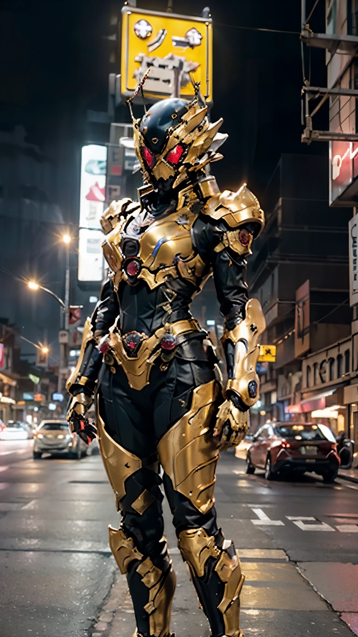 A woman adorned in fantasy-style full-body armor, a crown-concept fully enclosed helmet that unveils only her eyes, a composite layered chest plate, fully encompassing shoulder and hand guards, a lightweight waist armor, form-fitting shin guards, the overall design is heavy-duty yet flexible, ((the armor gleams with a golden glow, complemented by red and blue accents)), exhibiting a noble aura, she floats above the Futuristic city, this character embodies a finely crafted fantasy-surreal style armored hero in anime style, exquisite and mature manga art style, (Queen bee mixed with Spider concept Armor, photorealistic:1.4, real texture material:1.2, professional photo, cinematic), ((city night view, element, energy, elegant, goddess, femminine:1.5)), metallic, high definition, best quality, highres, ultra-detailed, ultra-fine painting, extremely delicate, anatomically correct, symmetrical face, extremely detailed eyes and face, high quality eyes, creativity, RAW photo, UHD, 32k, Natural light, cinematic lighting, masterpiece-anatomy-perfect, masterpiece:1.5